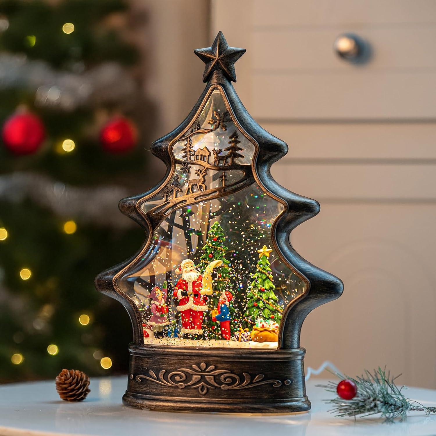 Bronze Christmas Tree Lantern Snow Globe with Santa Scene