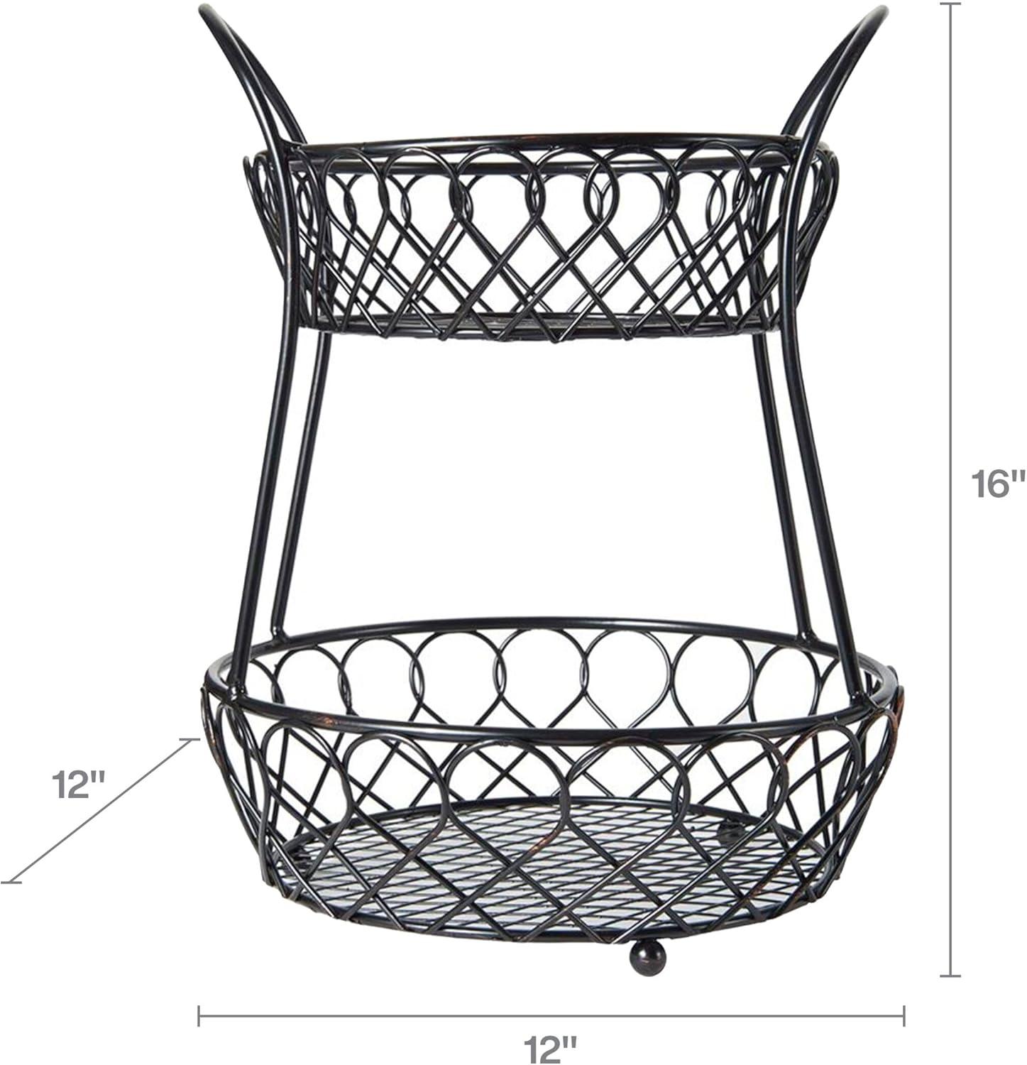 Classic Antique Black Wrought Iron 2-Tier Storage Basket