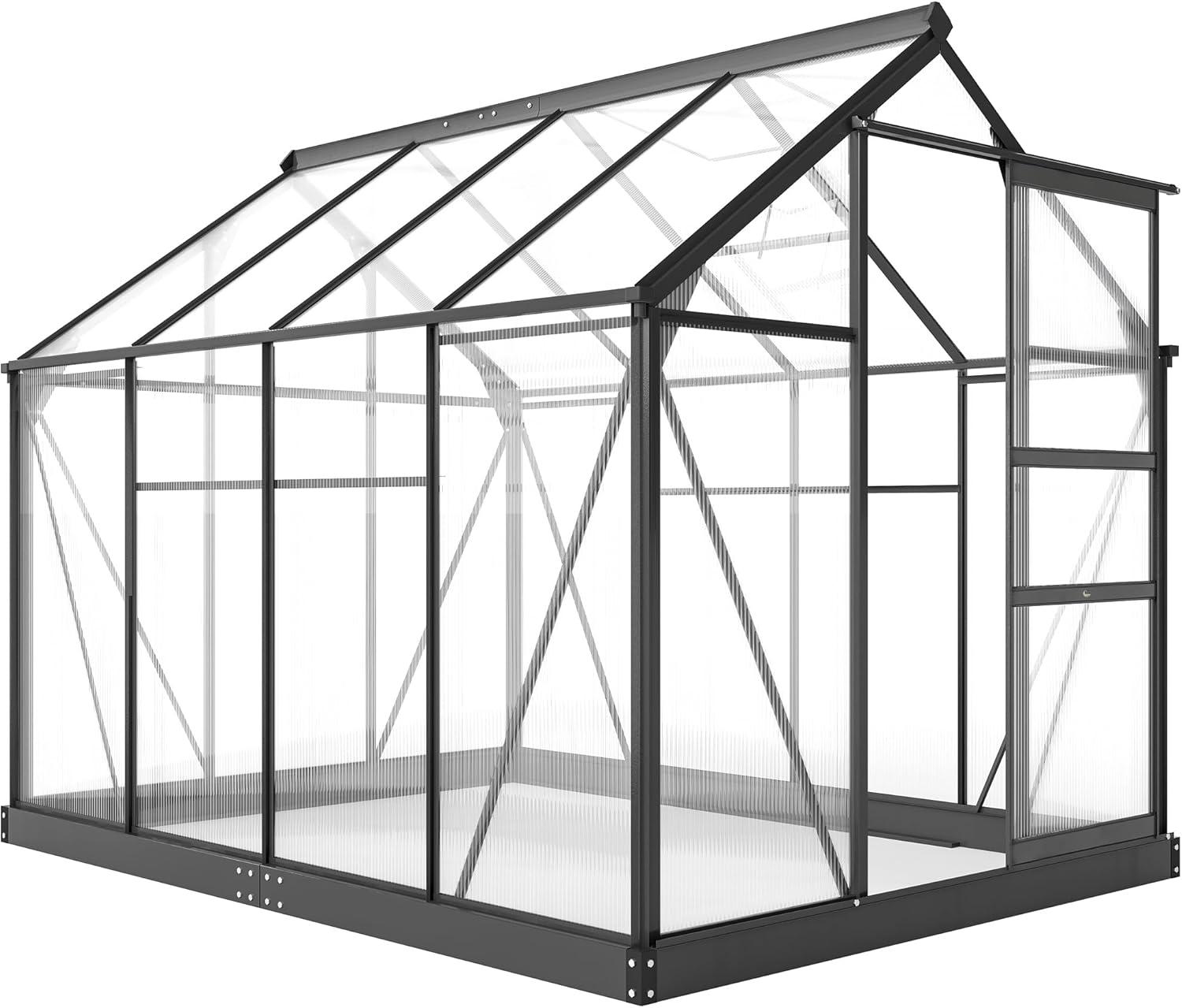 Outsunny 6' x 8' Greenhouse for Outdoors, Polycarbonate Greenhouse with Rain Gutter and Roof Vent, Aluminum Walk-in Green Houses for Outside for Patio Backyard Garden, Gray