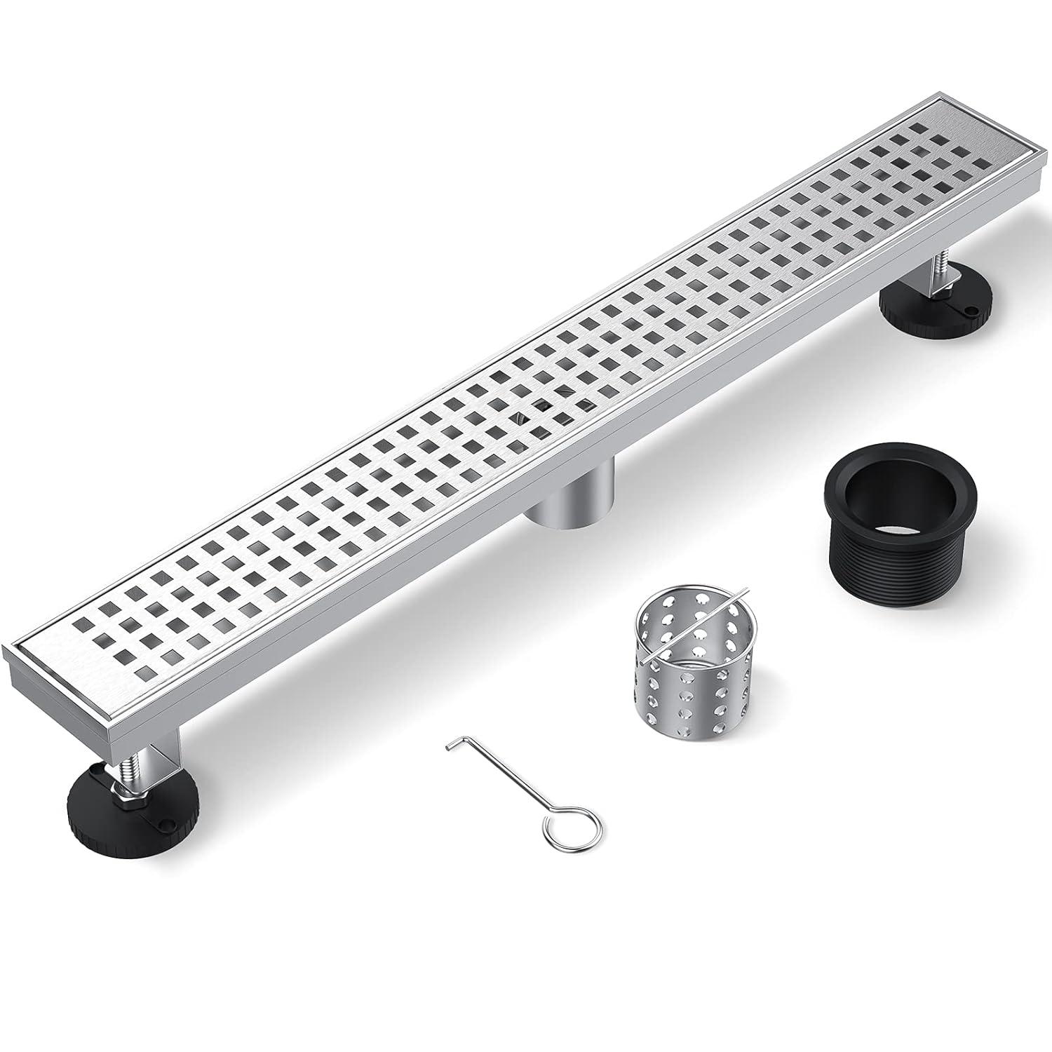 Accreate 24 Inch Linear Shower Drain, Brushed Nickel Shower Floor Drain, High Flow Shower Drain Kit with Removable Grid Cover, Hair Filter and Adjustable Leveling Feet