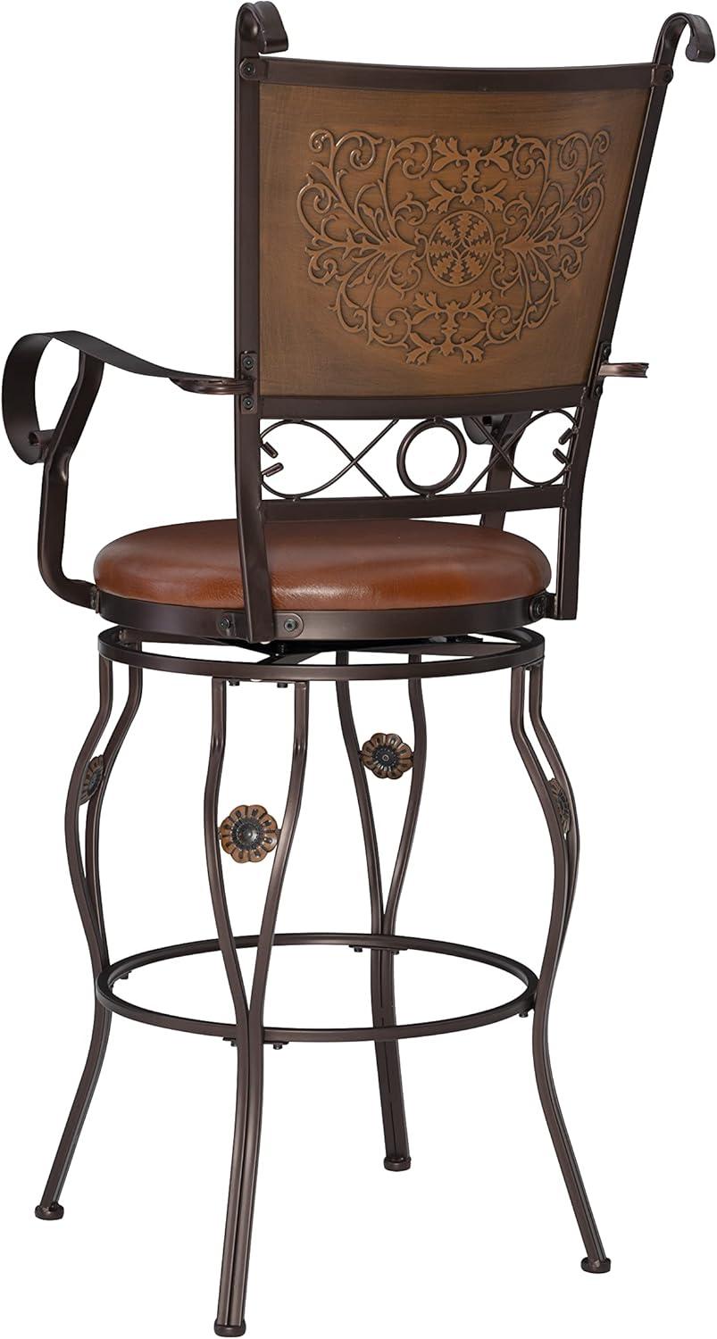 Powell Beatrix Big & Tall 30" High Back Indoor Copper Stamped Round Metal Bar Stool wth Swivel, Bronze/Warm Rust Faux Leather
