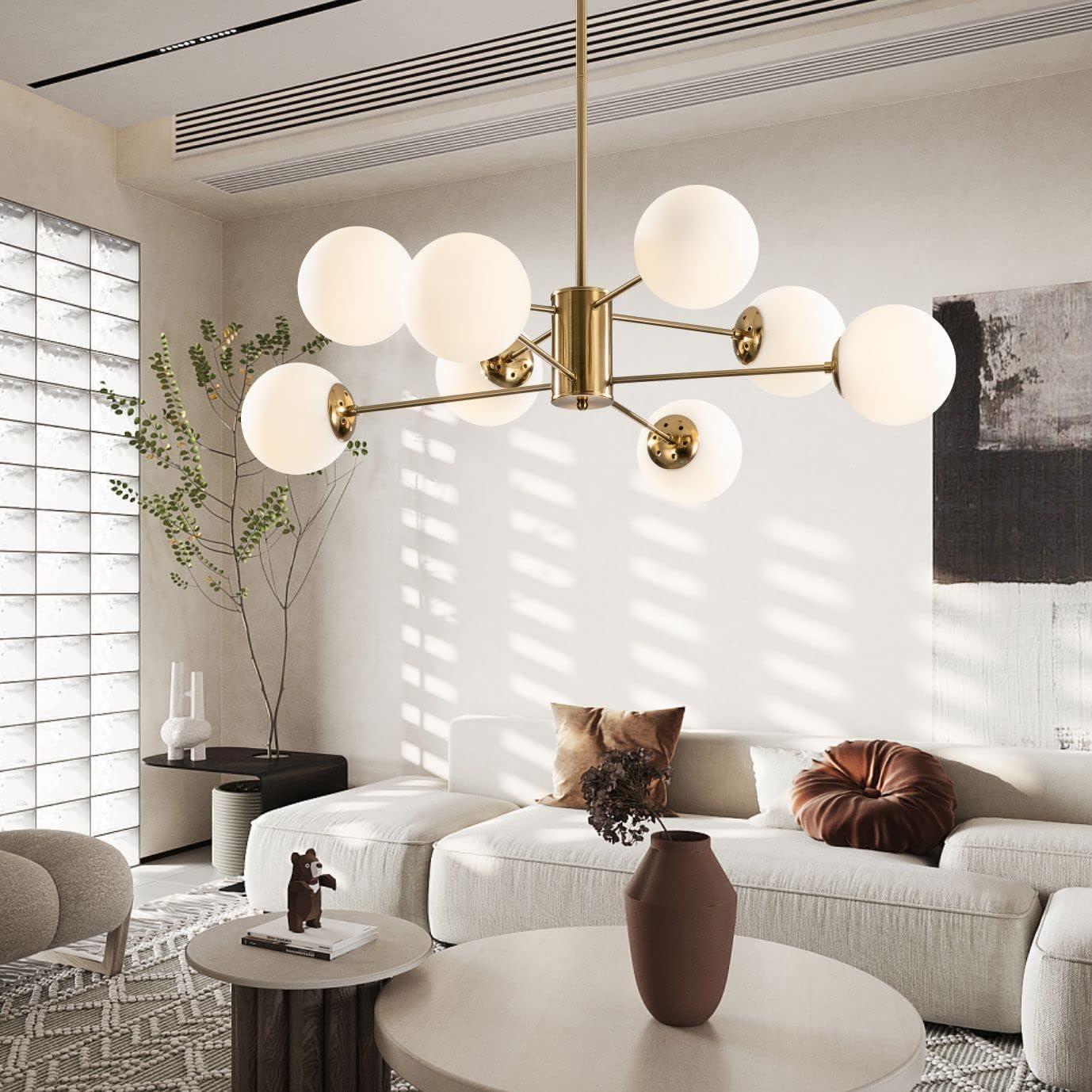 Chandelier Lighting,8-Light Mid Century Modern Chandelier Gold Chandelier for Dining Room Kitchen Living Room,Bubble Glass Pendant Light Fixtures(Gold+White)