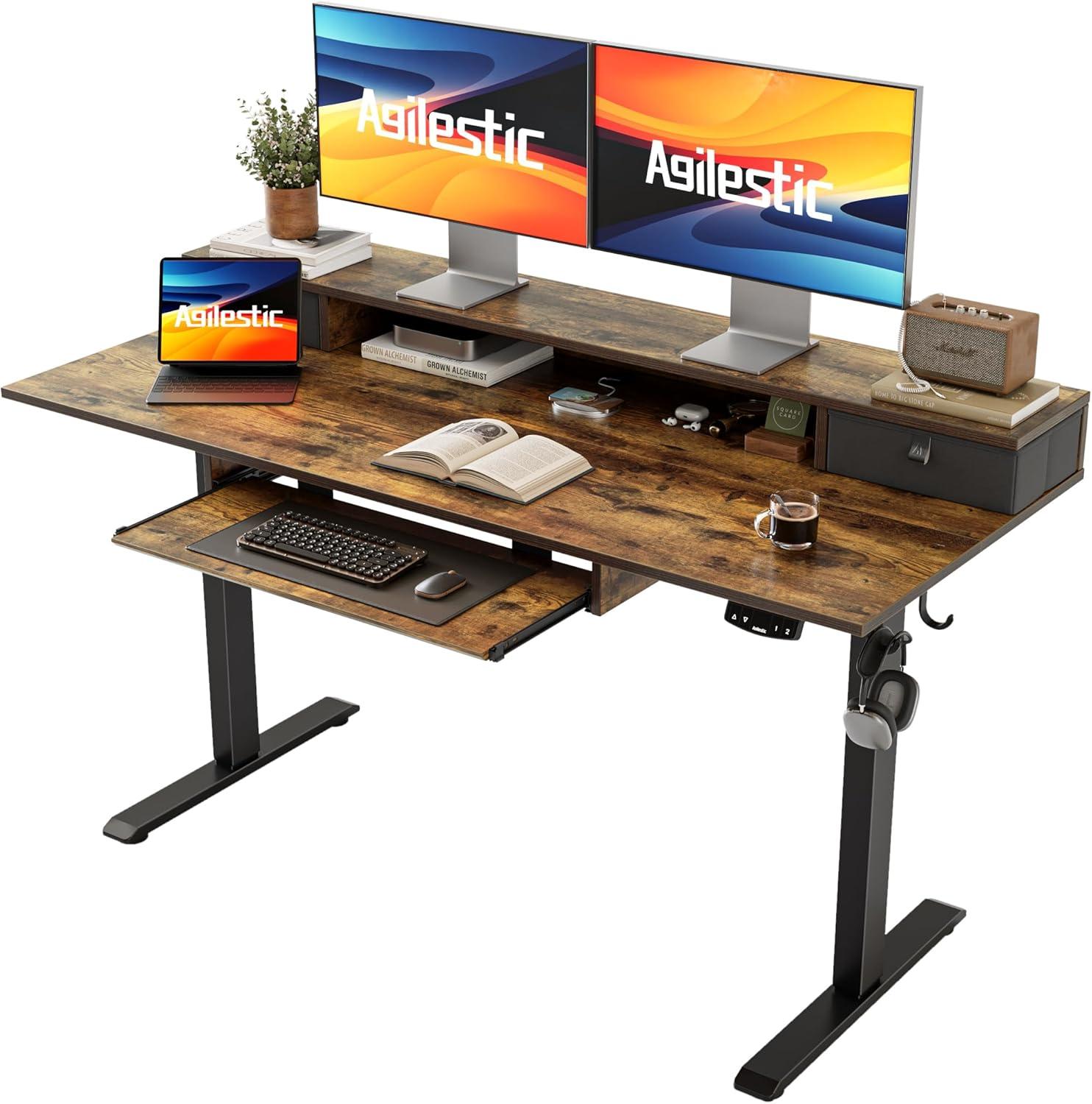 Rustic Brown Adjustable Height Standing Desk with Drawers and Shelf