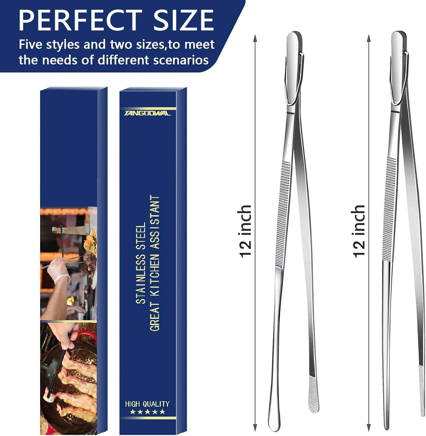 Bentne 12Inch Fine Tweezer Tongs 2pcs Extra Long Stainless Steel Tweezers Tongs for Outdoor BBQ Daily Cooking