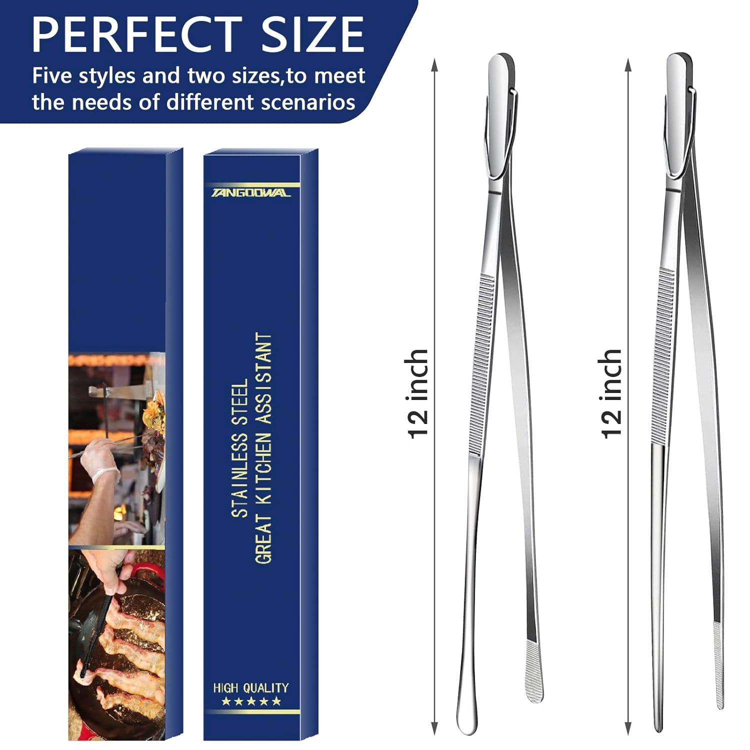 Bentne 12Inch Fine Tweezer Tongs 2pcs Extra Long Stainless Steel Tweezers Tongs for Outdoor BBQ Daily Cooking