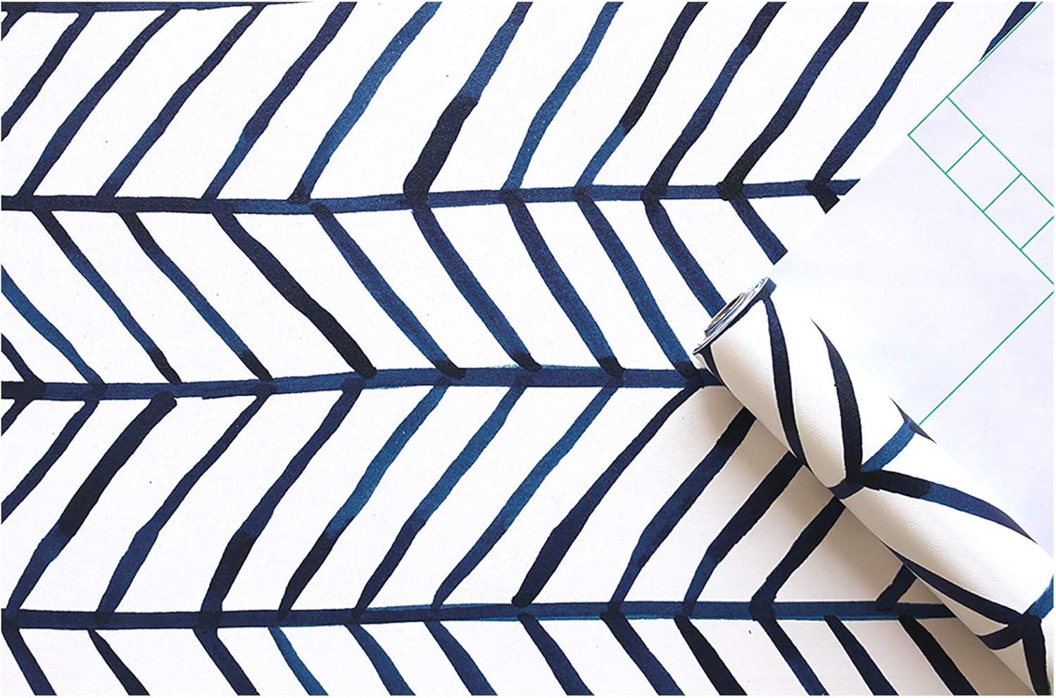 HAOKHOME Blue Wallpaper Navy Peel and Stick Wall Paper Modern Stripe for Bathroom Herringbone Removable Decoration 17.7in x 32.8ft