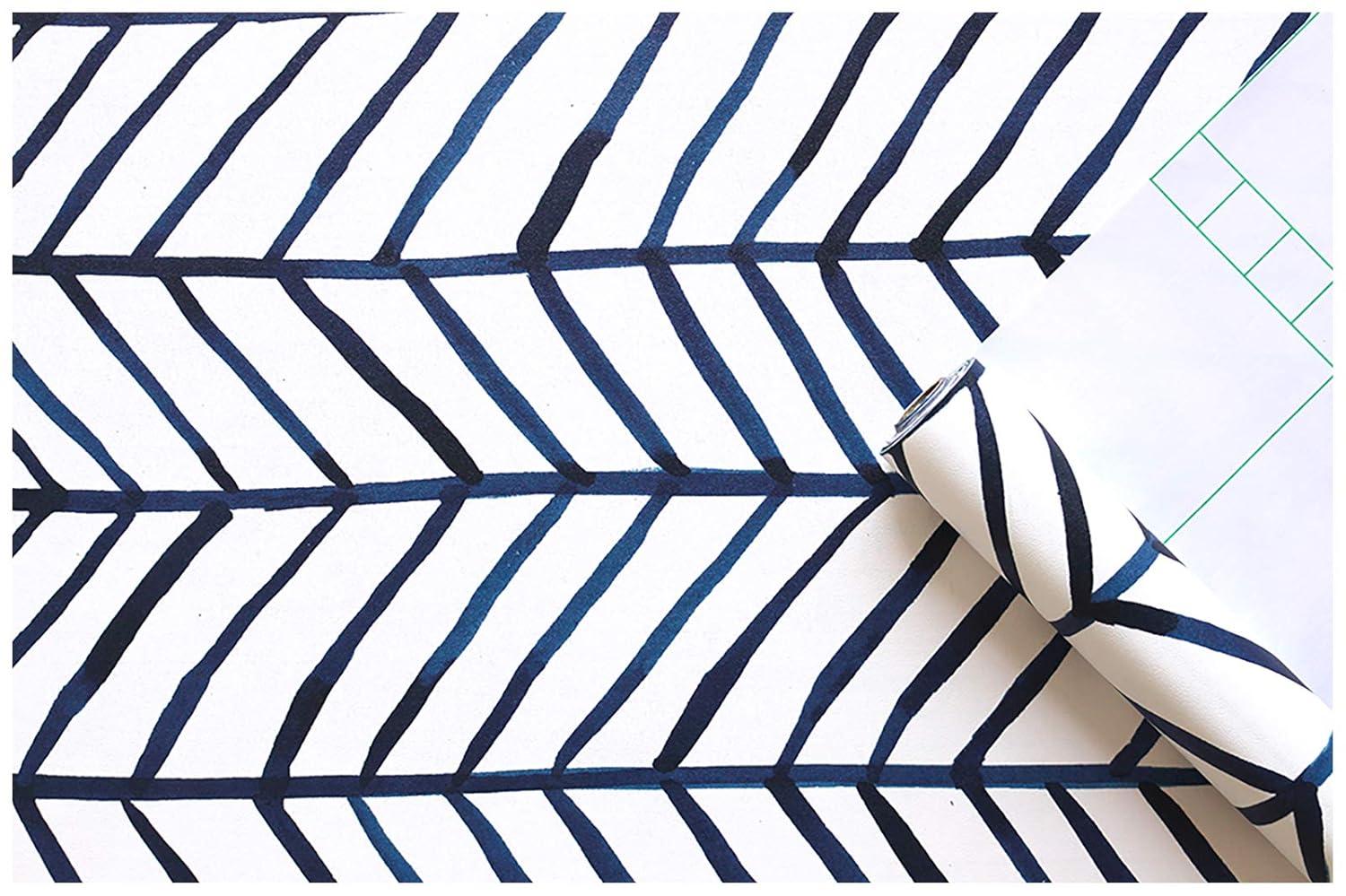 HAOKHOME Blue Wallpaper Navy Peel and Stick Wall Paper Modern Stripe for Bathroom Herringbone Removable Decoration 17.7in x 32.8ft