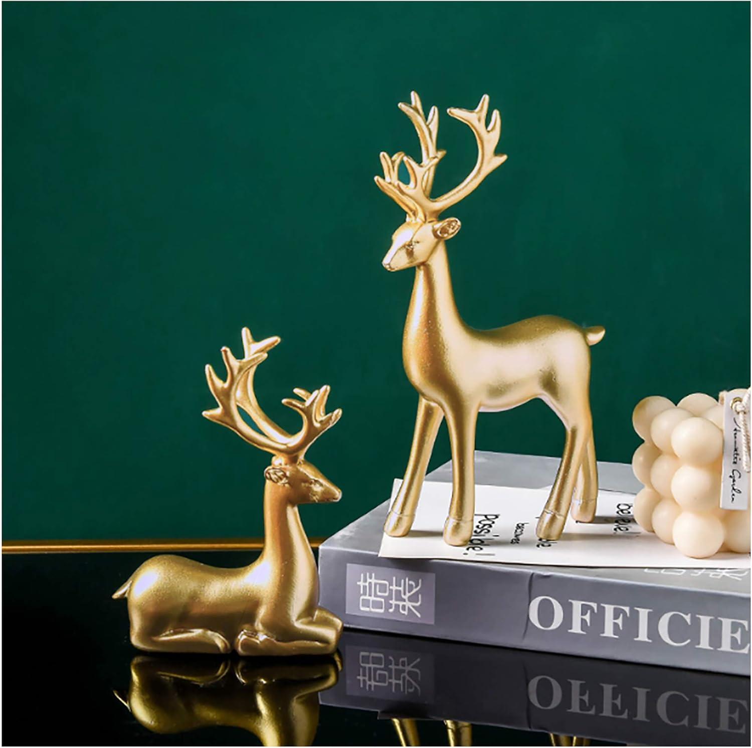 Kedshhgu 2 Pcs Small Reindeer Sculpture Resin Christmas Reindeer Elk Mini Xmas Deer Statue Animal Table Centerpiece for Home Living Room Office Decor