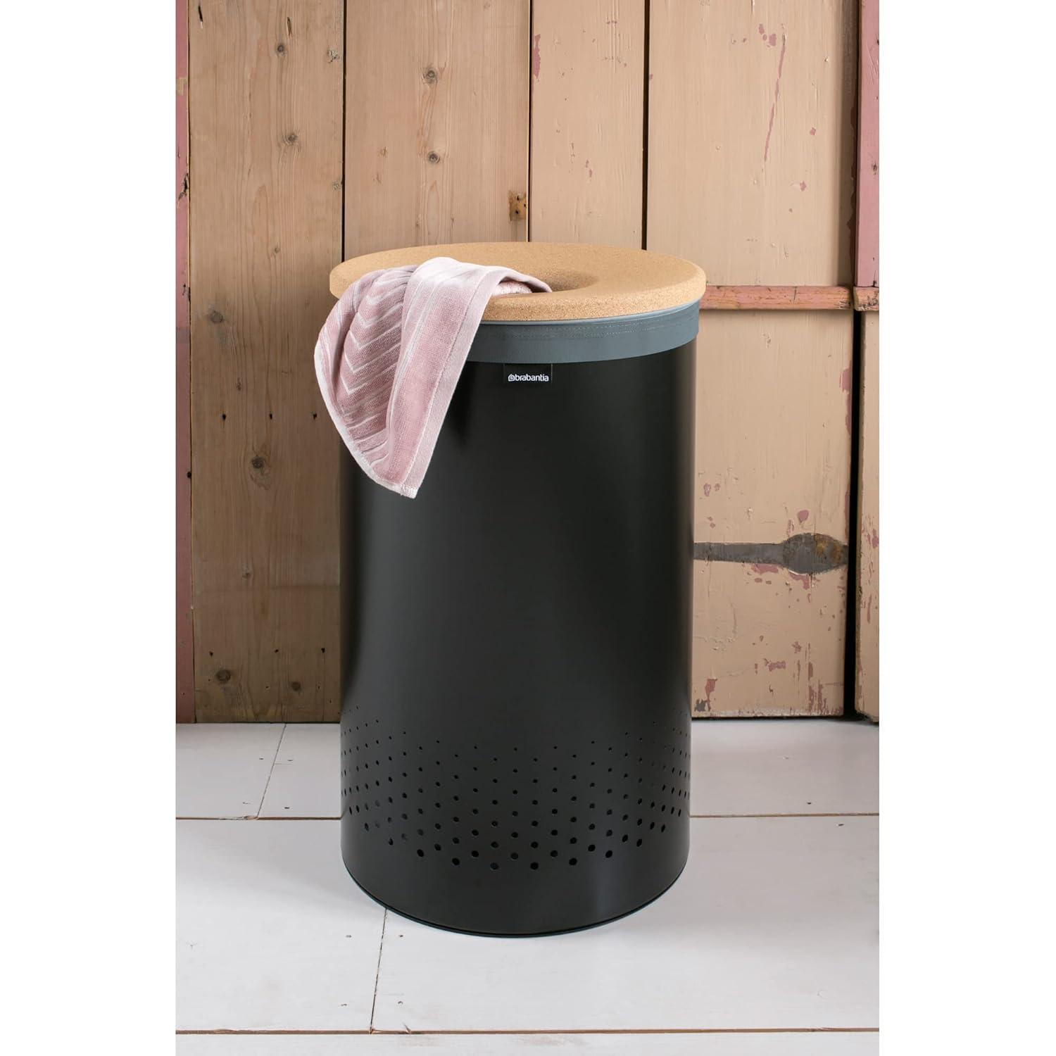 Brabantia - Laundry Hamper - with Cork Lid - Ventilation Holes - Corrosion Resistant Materials - Hygienic - Discrete - Laundry Basket - Bathroom - with Small Hole - Matt Black - 16 Gal