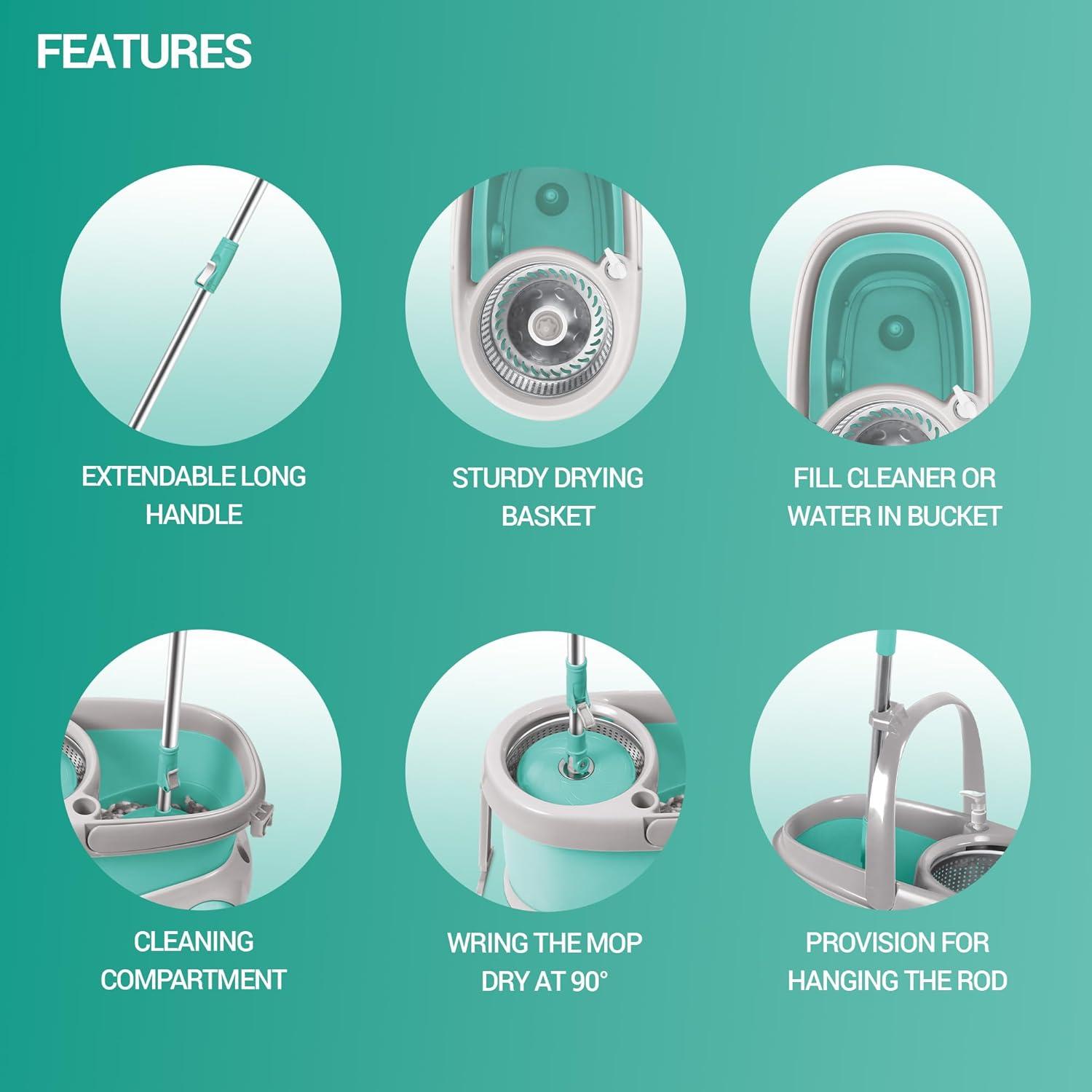 Spotzero Mop and Bucket with Wringer Set for Home, 360º Spin Mop and Bucket System with Microﬁber Technology, Height Adjustable Handle,