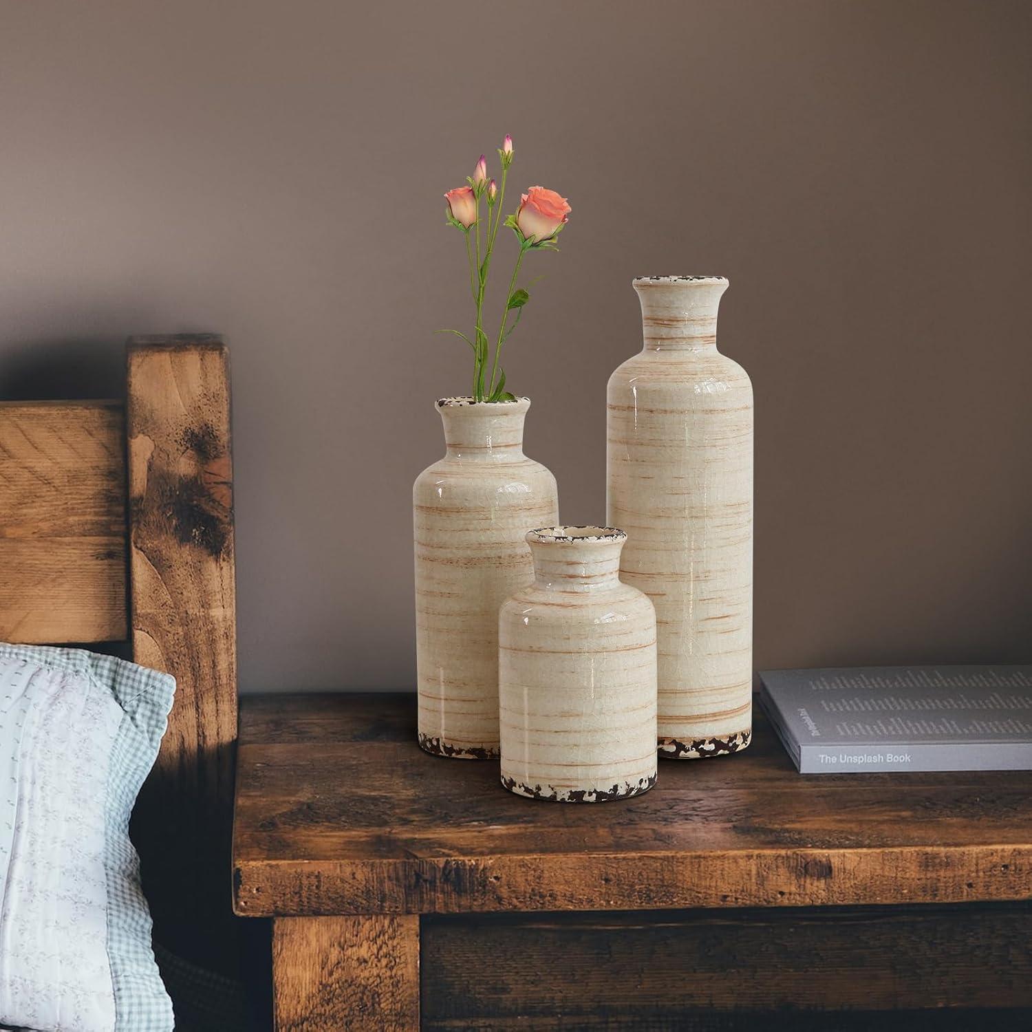 Rustic Beige Ceramic Crackle Finish Decorative Vase Set