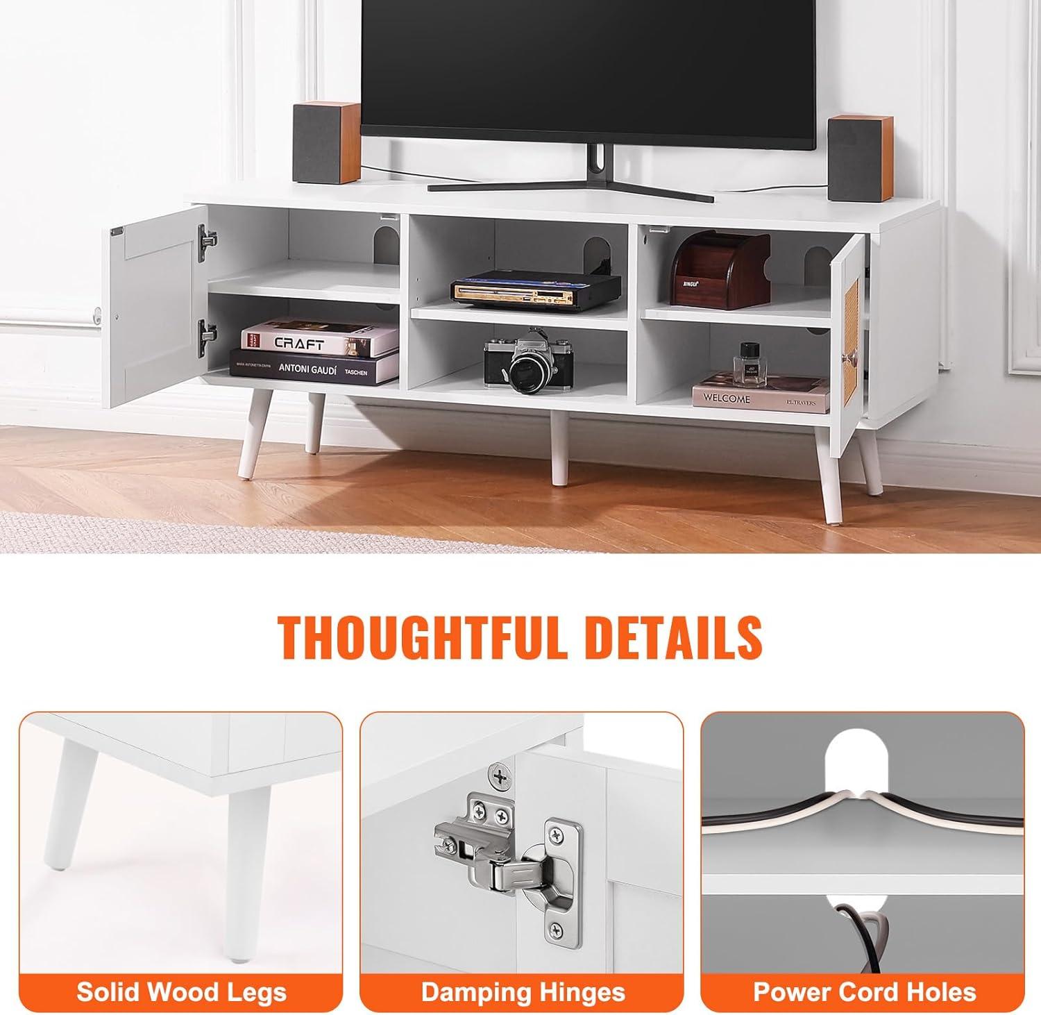 VEVOR Rattan Mid Century Modern TV Stand, Boho TV Console for 55 inch TV, White