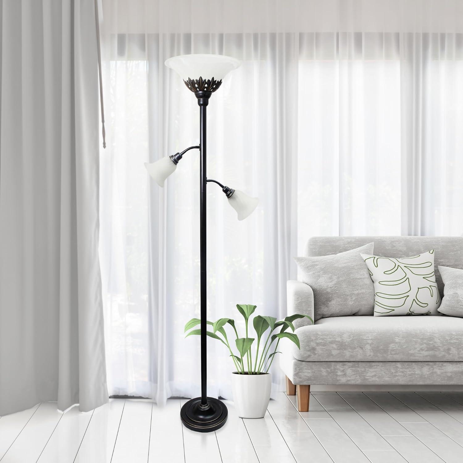 Torchiere Floor Lamp with 2 Reading Lights and Scalloped Glass Shades Bronze/White - Lalia Home: Adjustable, UL Listed, Metal Body