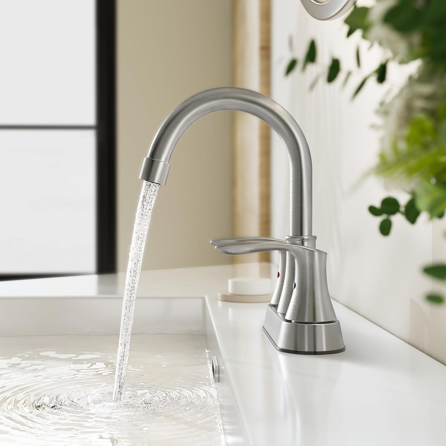 Phiestina 4 Inch 2 or 3 Hole Brushed Nickel Bathroom Sink Faucet RV Swivel 2 Handle Centerset Bath Vanity Faucet, with Water Supply line & Metal Pop-up Drain,TY36-BN