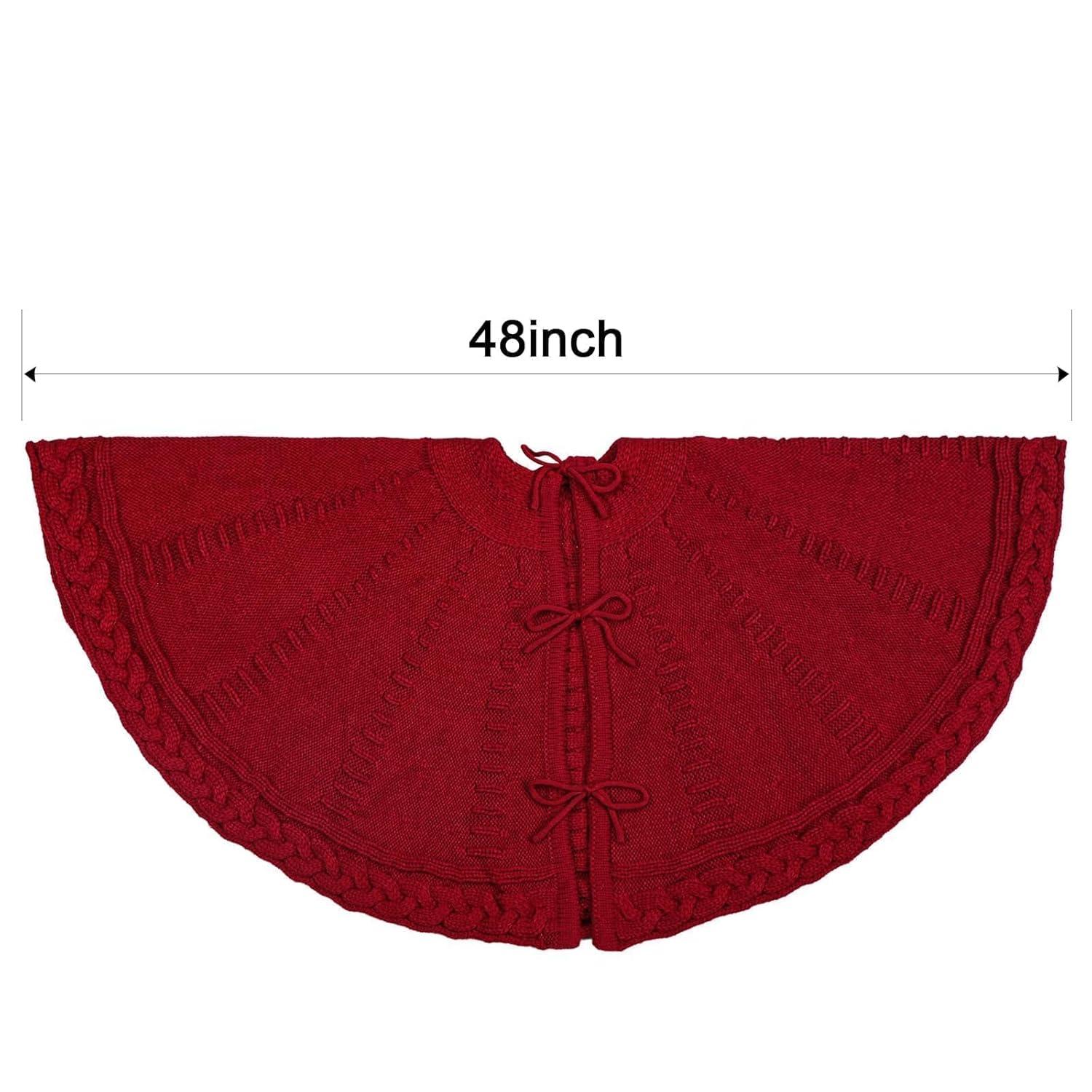 TETOU 48In Knitted Christmas Tree Skirt, Wine Red Tree Skirt, Braided Cable Knit Thick Rustic Christmas Tree Decorations, Farmhouse Christmas Decor Xmas Holiday Home Party Decorations