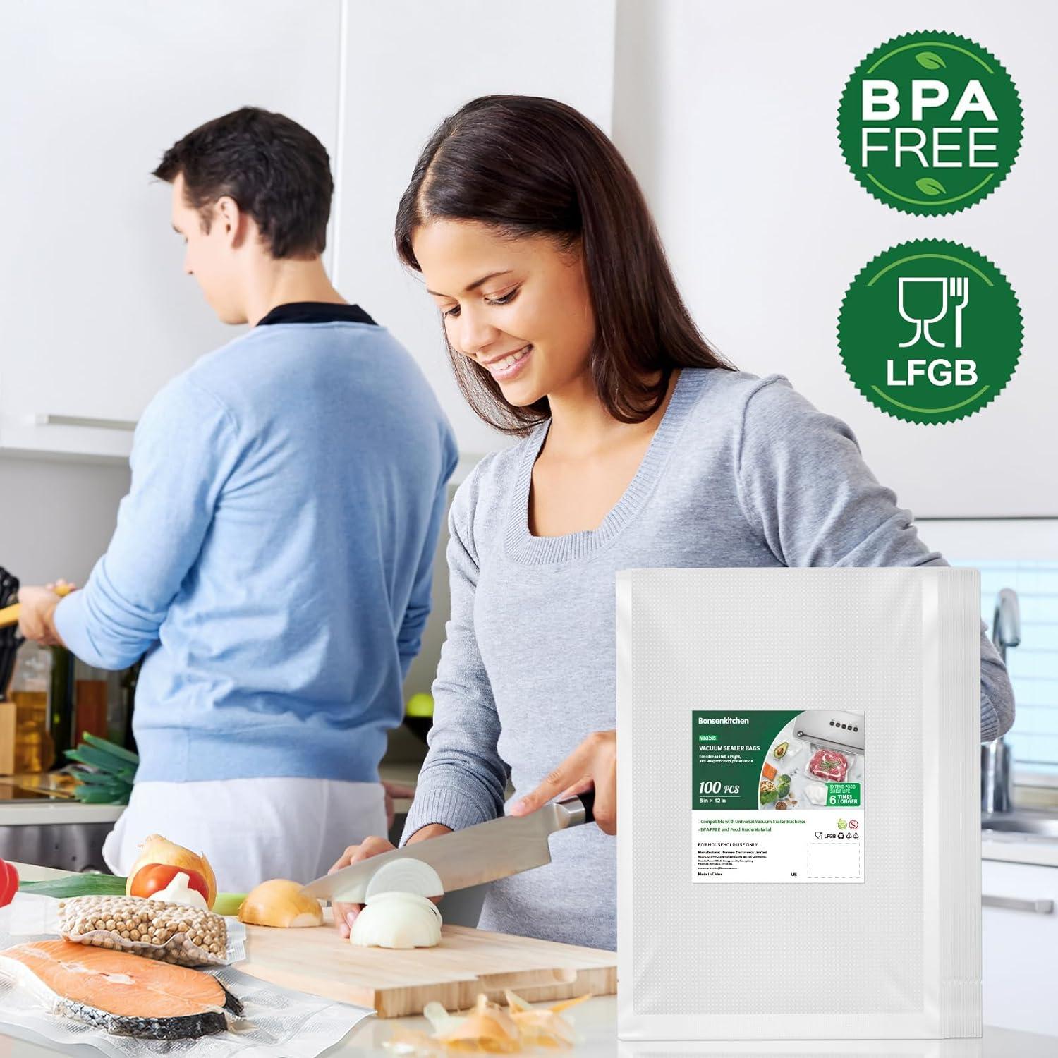 Bonsenkitchen Precut Vacuum Food Sealer Bags 100 Quart 8" x 12", BPA Free, Commercial Grade Textured,Thick Embossed Bags,Storage and Sous Vide Cooking