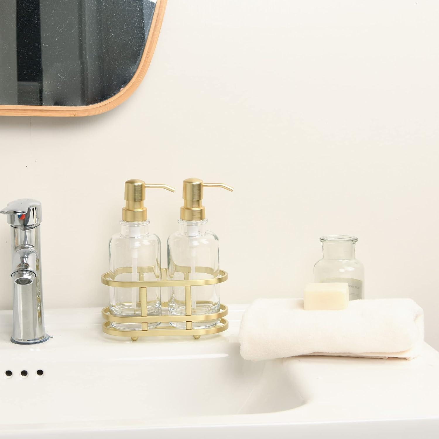 Brushed Gold Glass Soap and Lotion Dispenser Set with Metal Caddy