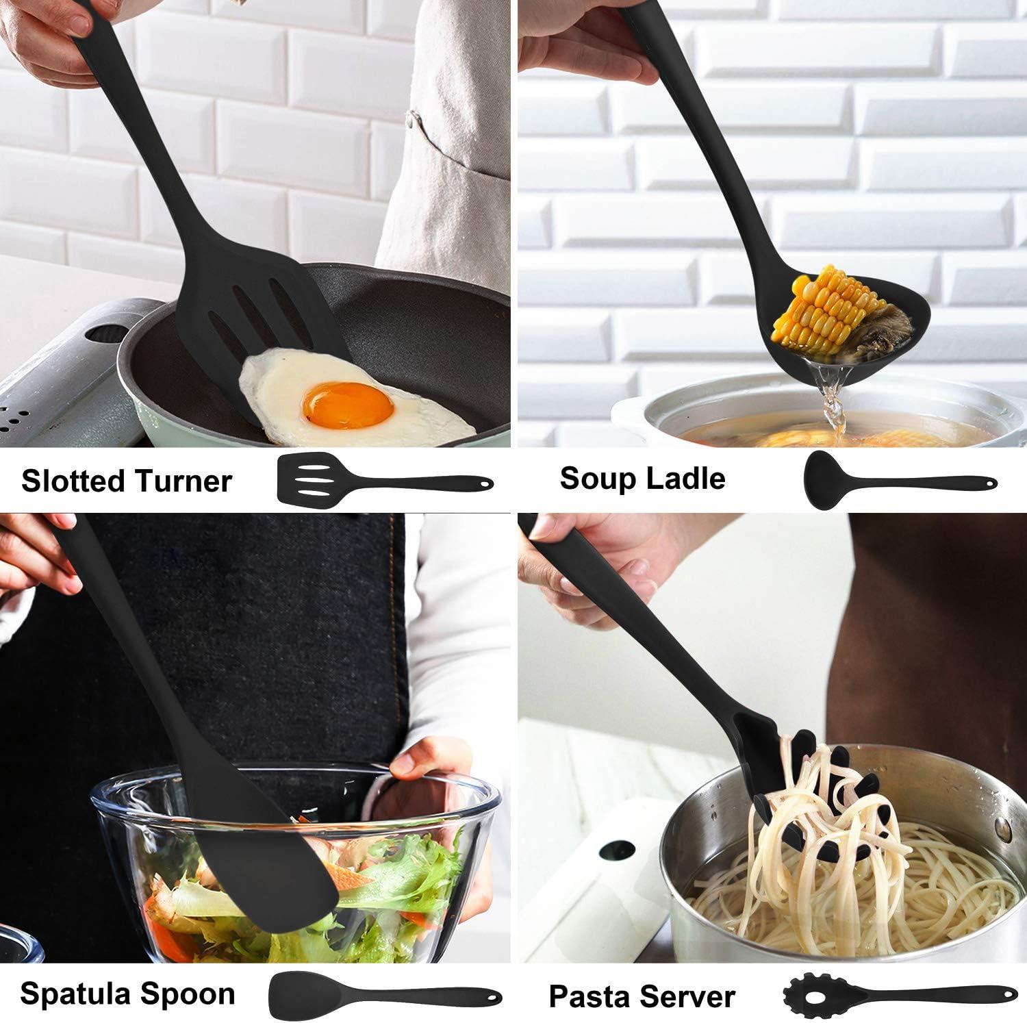 Black 14-Piece Heat Resistant Silicone Cooking Utensils Set with Holder