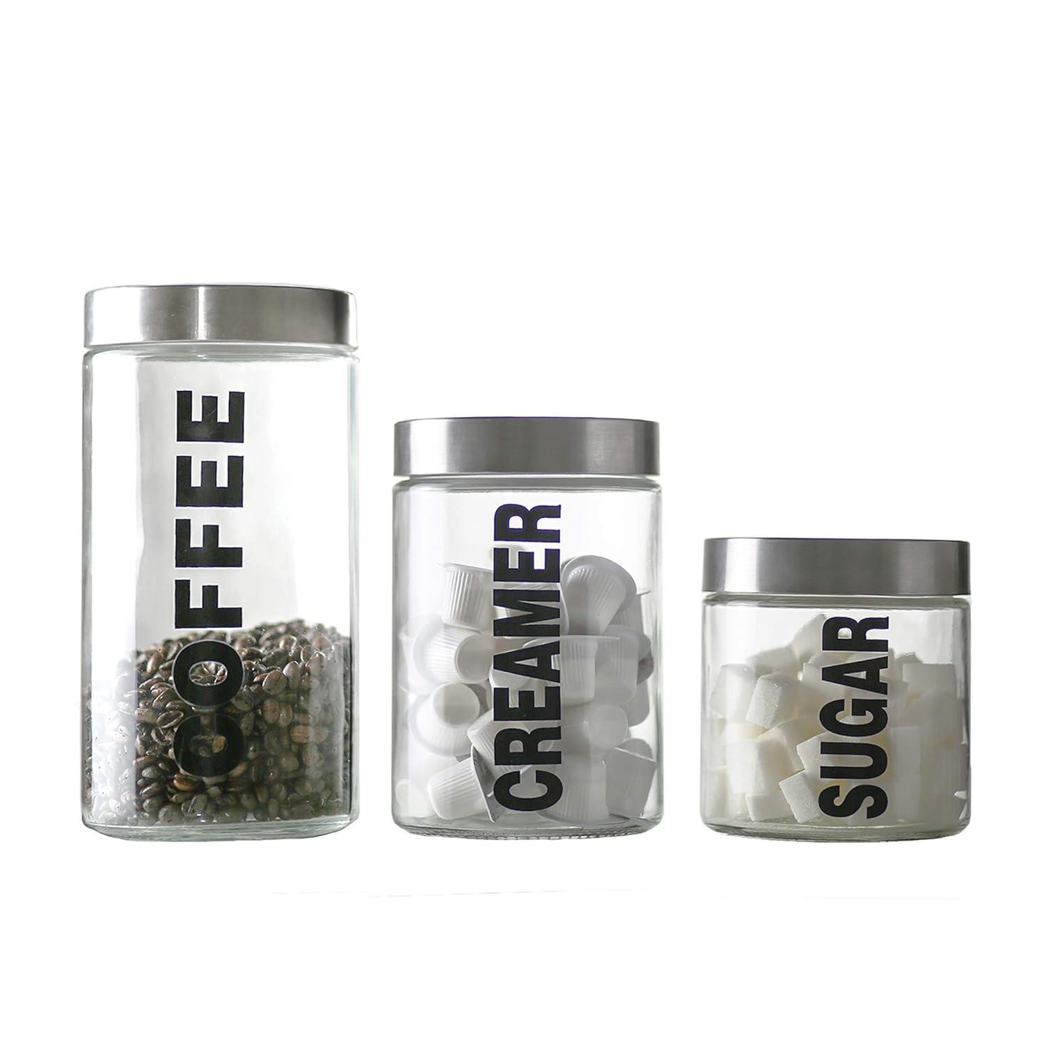 KMwares Glass Food Jars, Clear Storage Containers with Stainless Steel Lid, Airtight Glass Canisters Set for Coffee, Sugar and Creamer Container Set of 3 w Stainless Steel Lids((Sizes/57/44/29 oz)