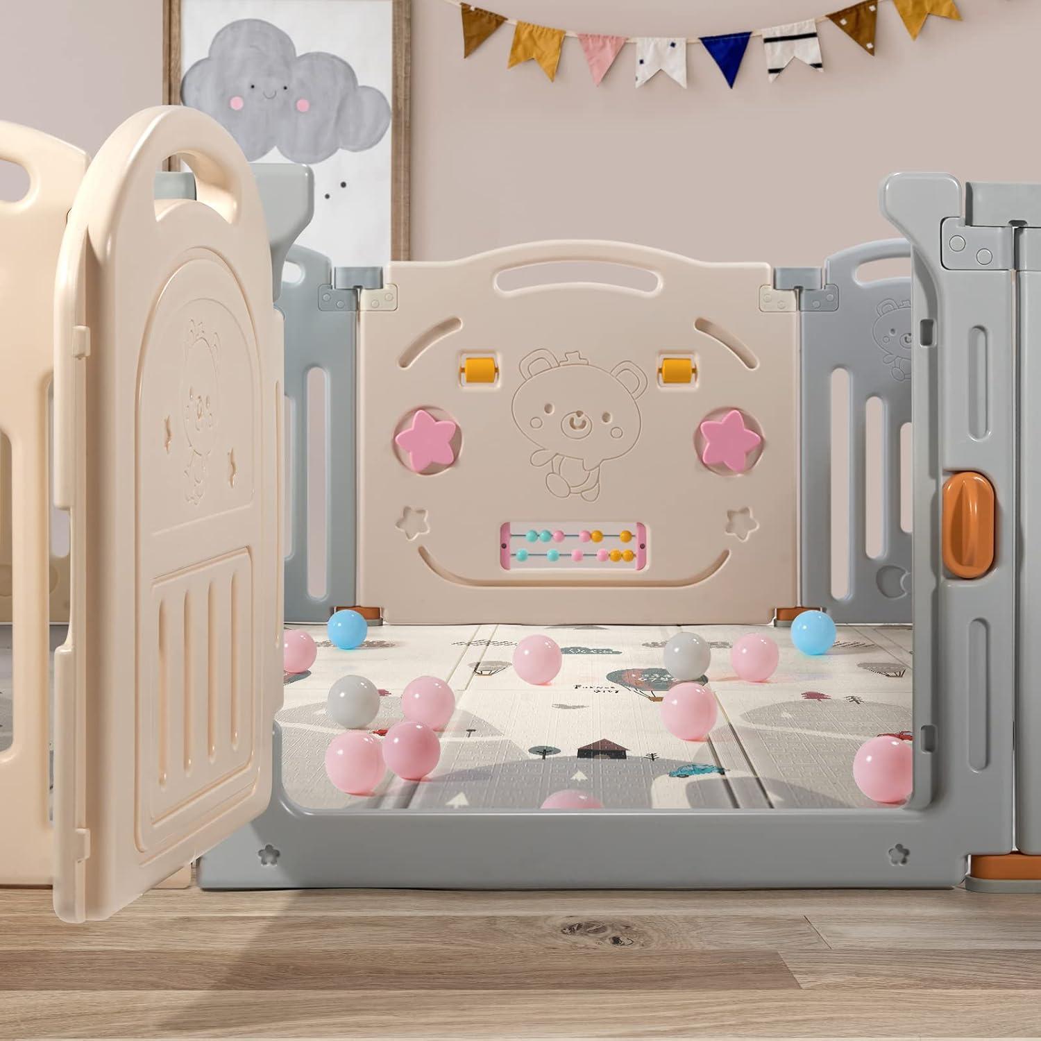 Extra Large Foldable Cream and Grey Baby Playpen with Gate