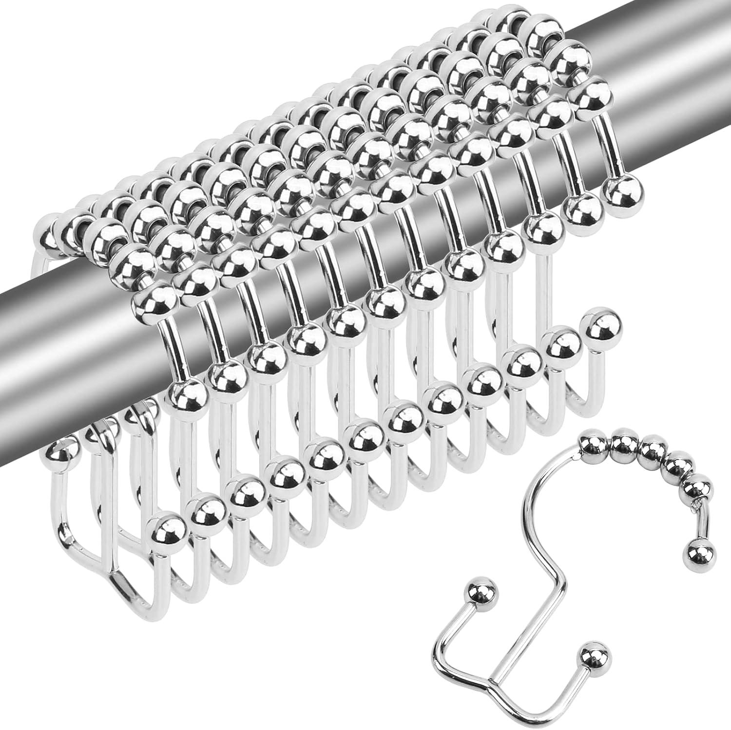 AmazerBath Shower Curtain Hooks Rings, Rust-Resistant Metal Double Glide Shower Hooks for Bathroom Shower Rods Curtains, Set of 12 Hooks - Silver