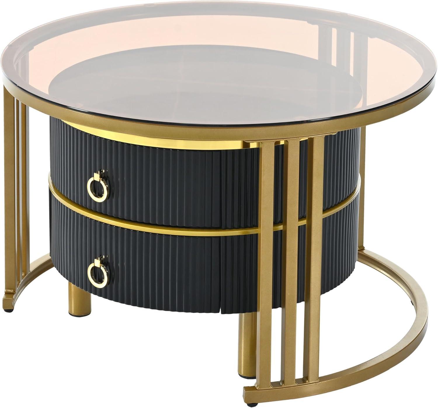 Modern Round Nesting Coffee Table Fluted with Drawer Multiple End Tables Utility Table Telephone Table for Living Room Office Bedroom Balcony, White & Gold