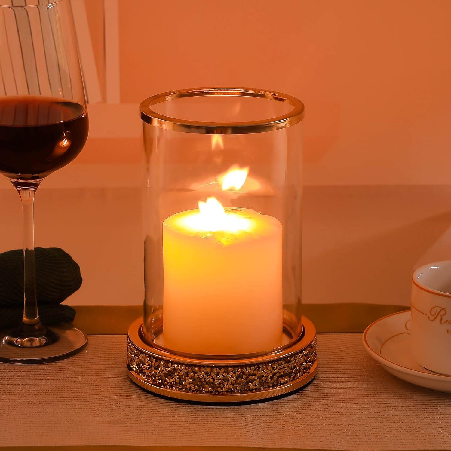 Pillar Candle Holders Set of 2,Hurricane Candle Holders,Candlesticks Holder With Glass Hurricane Lid,Metal Candle Holder For Coffee Dining Table, Wedding, Christmas, Home Decoration,Gold Candle Holder