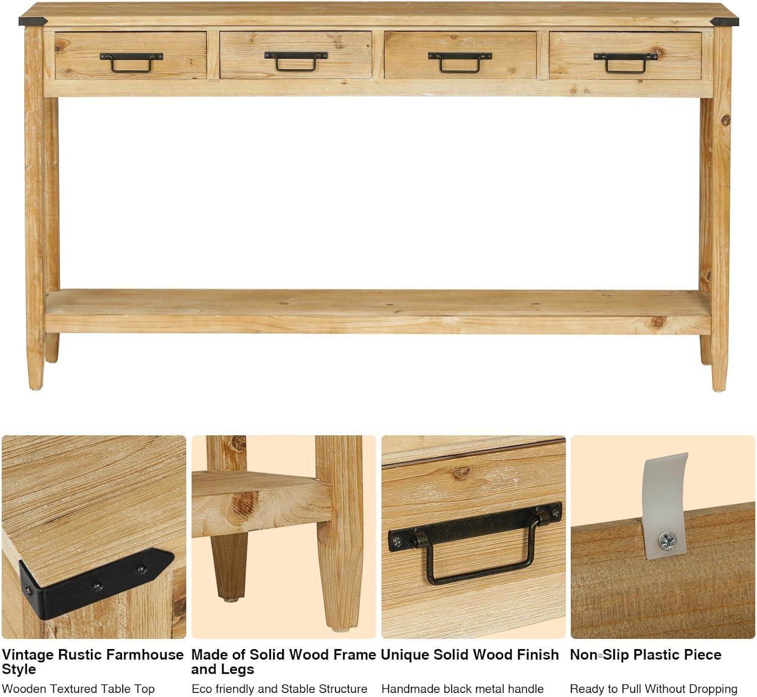 Natural Rustic Wood Console Table with Drawers and Shelves