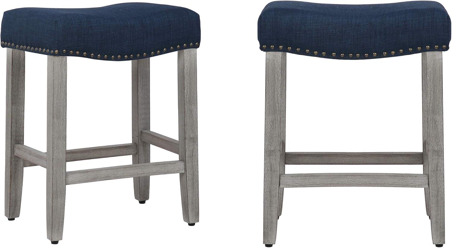 Antique Gray and Navy Blue Saddle Style Wood Bar Stool, 24"