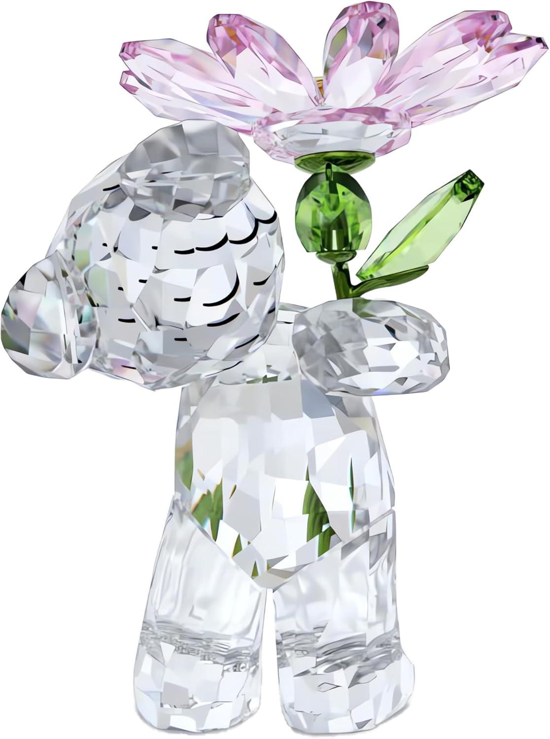 Crystal Bear Figurine with Pink Daisy Flower