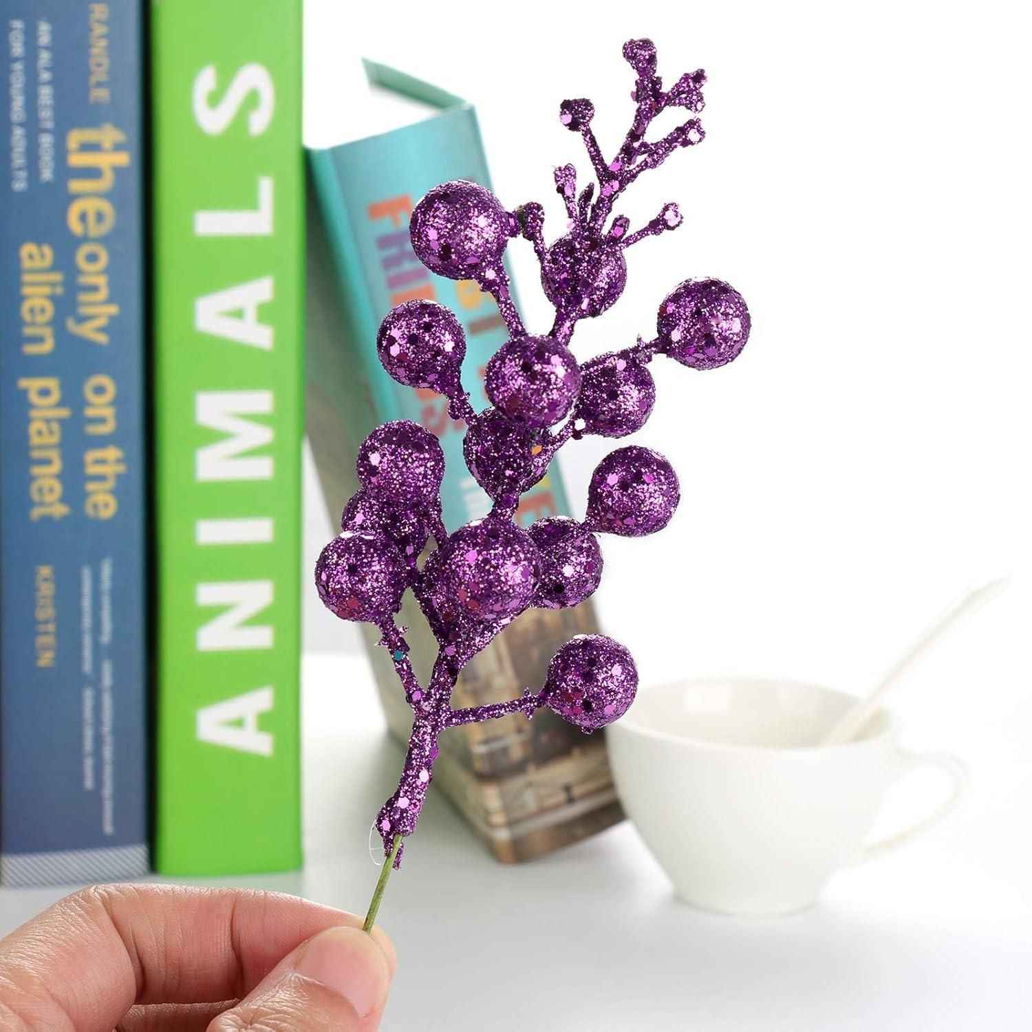Glitter Berry Stems, 12pcs Christmas Berry Picks Artificial Fruit Berry Stem Branch Christmas Tree Garland Decorations for Holiday Party Purple
