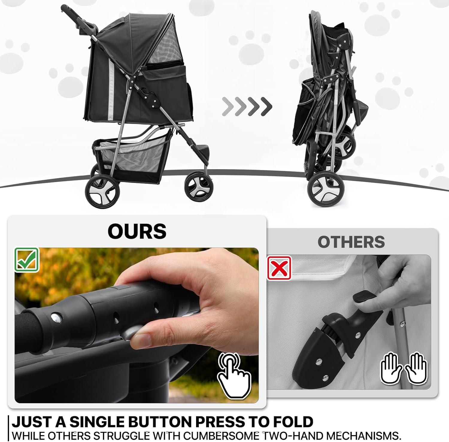 ATCHISON Foldable Pet Stroller, 3 Wheels Folding Carrier Jogger Stroller for Dogs Cats with Canopy and Basket