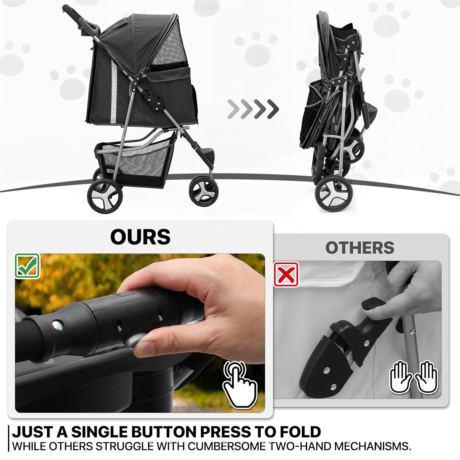 ATCHISON Foldable Pet Stroller, 3 Wheels Folding Carrier Jogger Stroller for Dogs Cats with Canopy and Basket