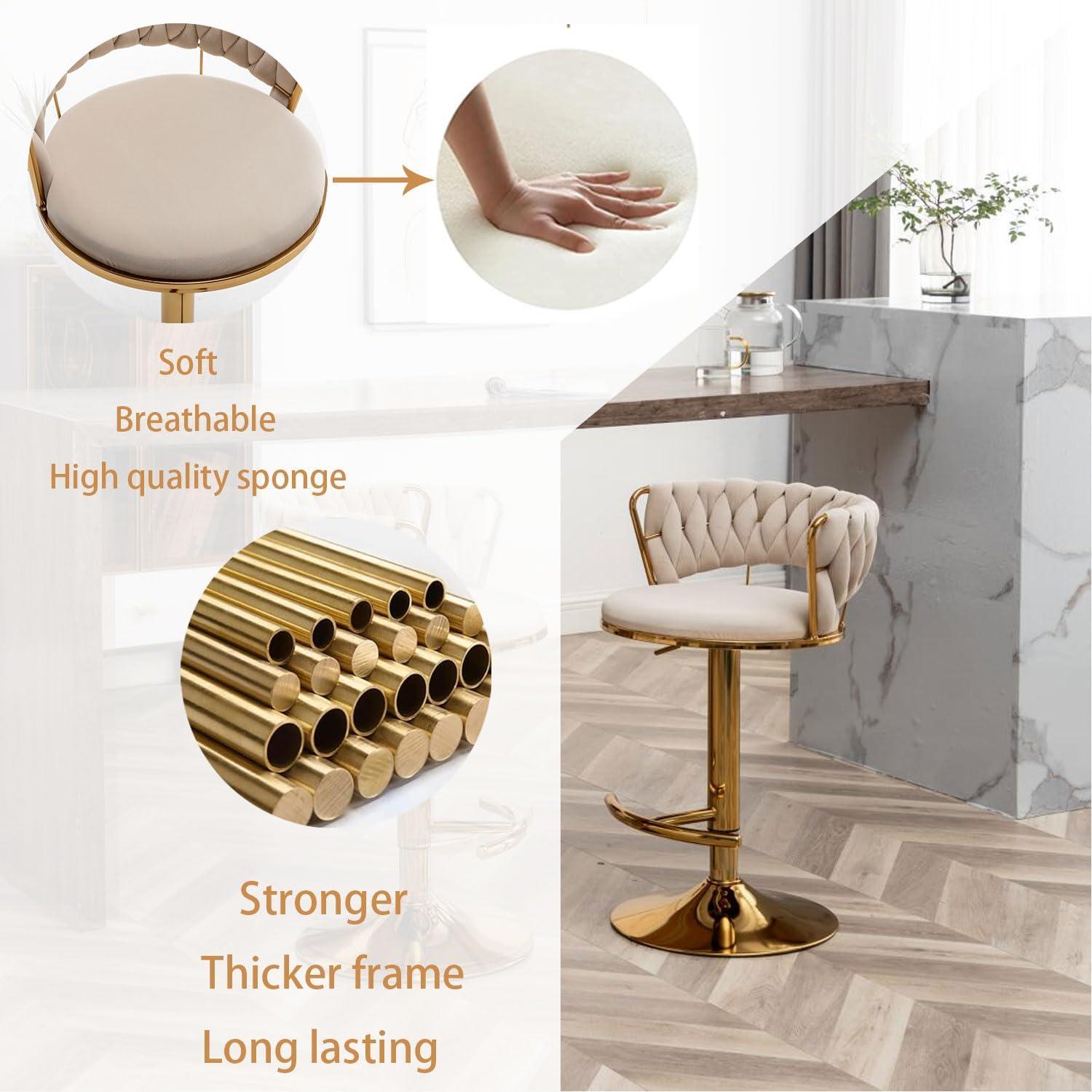 Gold Velvet Bar Stools Set of 4, Counter Height Bar Chairs with Low Back, Swivel Bar Stool for Kitchen Island, Bar Pub (Beige)