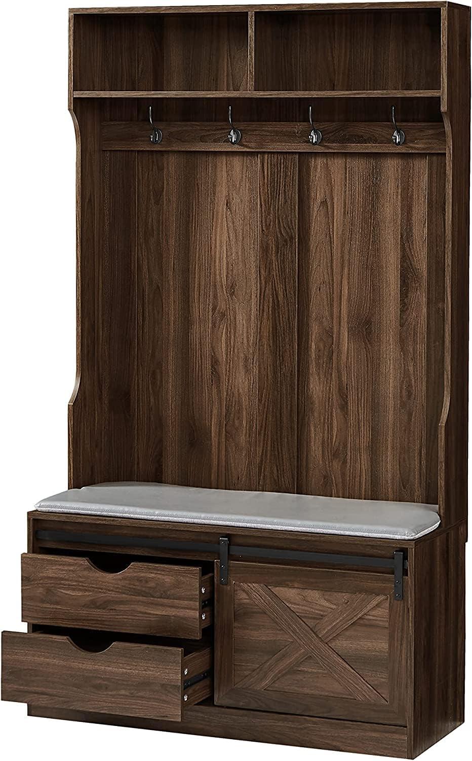 Betoko Hall Trees with Bench and Coat Racks, Farmhouse 71 Inch Entryway Bench with Sliding Barn Door, Wood Coat Tree Mudroom Storage Benches with Drawers (Walnut)