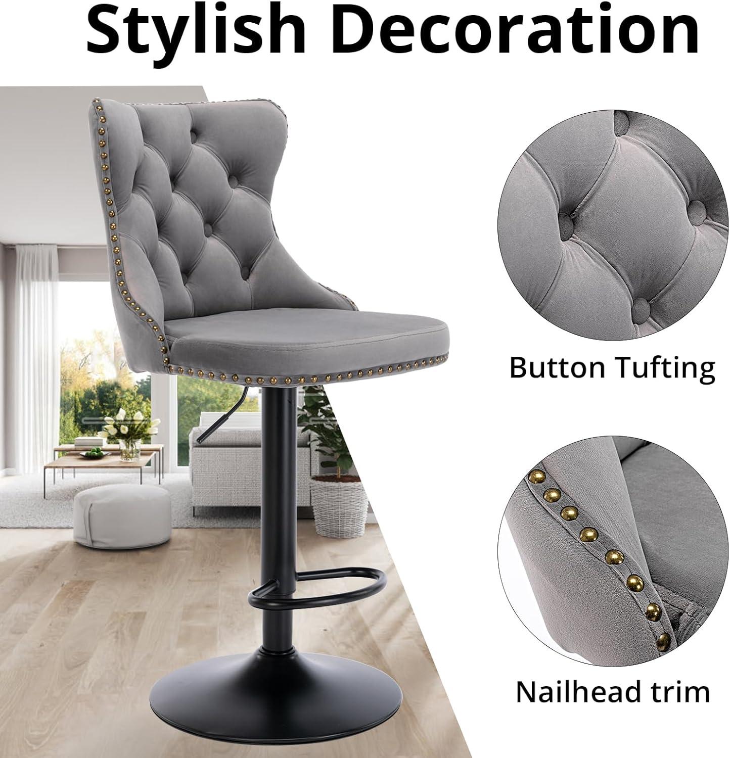 VYNXARIA Swivel Velvet Barstools Adjusatble Seat Height from 25-33 Inch,17.7 inch base, Modern Upholstered Bar Stools,Gray,Set of 2