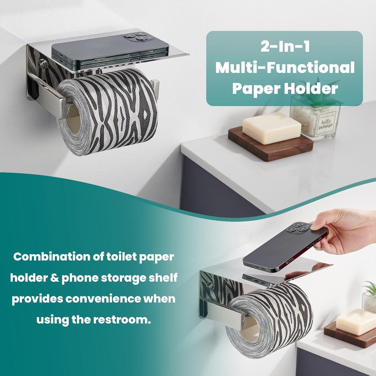 Toilet Paper Holder with Phone Shelf Polished Chrome, Bathroom Accessories 304 Stainless Steel Tissue Roll Dispenser Storage Wall Mounted