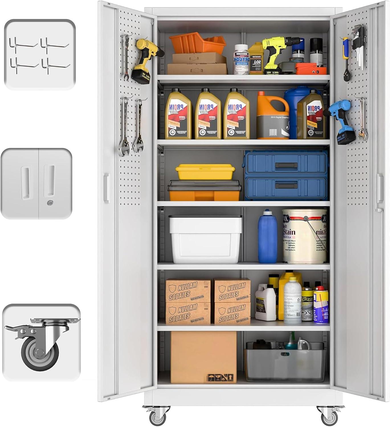 AOBABO 72 Inch Locking Metal Garage Home Office Storage Cabinet with Universal Rubber Wheels/Lockable Casters and Magnetic Doors, White