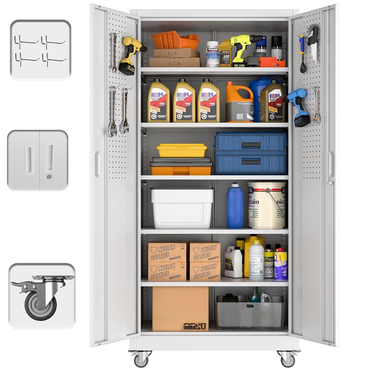 AOBABO 72 Inch Locking Metal Garage Home Office Storage Cabinet with Universal Rubber Wheels/Lockable Casters and Magnetic Doors, White
