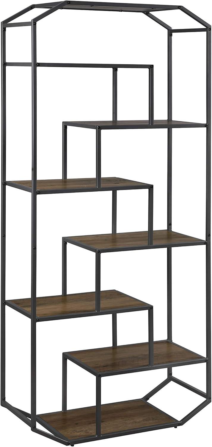 Transitional Rustic Brown and Dark Grey 7-Shelf Bookcase