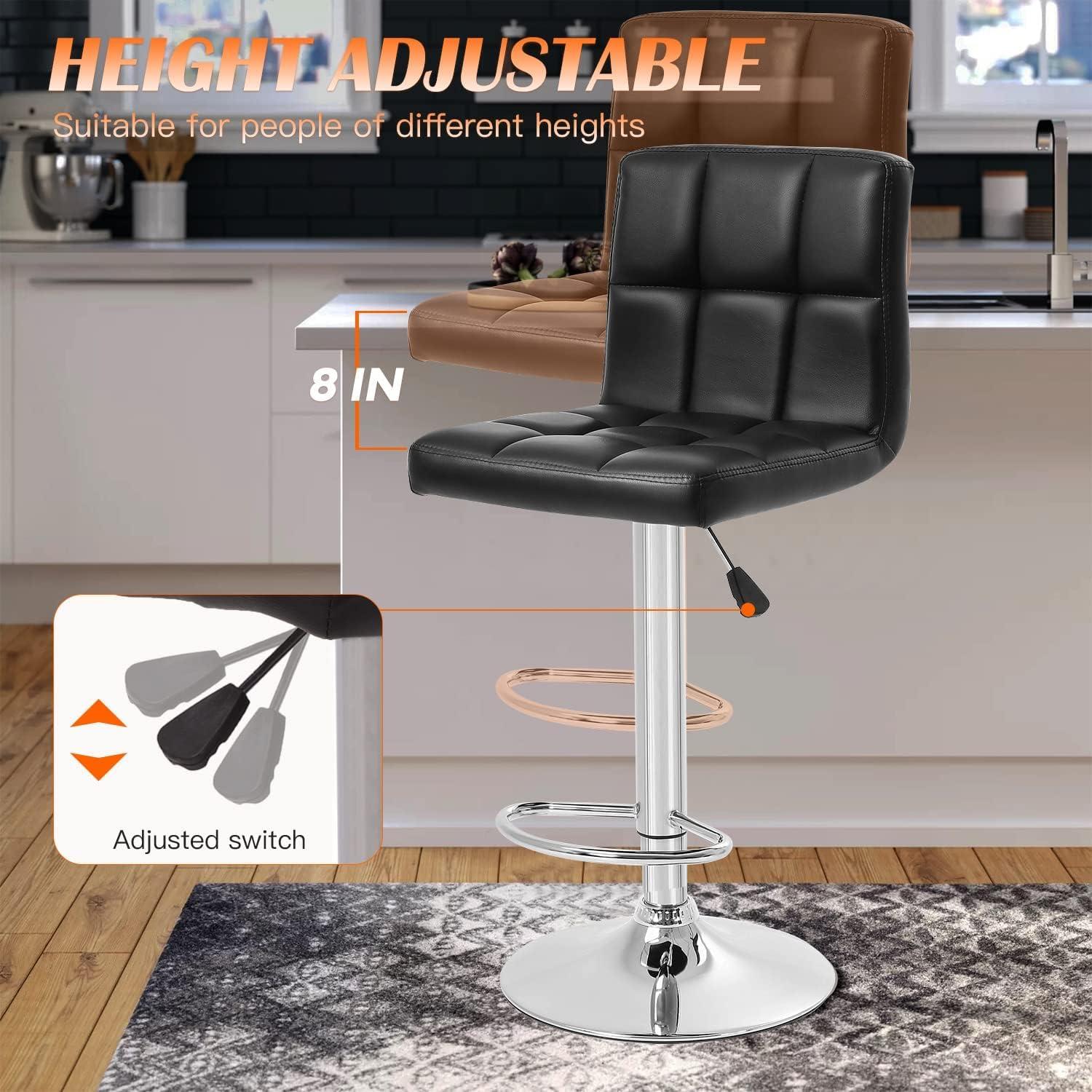 Barstools Set of 2 Counter Height Bar Stools Height Adjustable Back PU Leather Swivel Stools Hydraulic Swivel Dining Chairs for Kitchen Bar Restaurant Living Room, Black