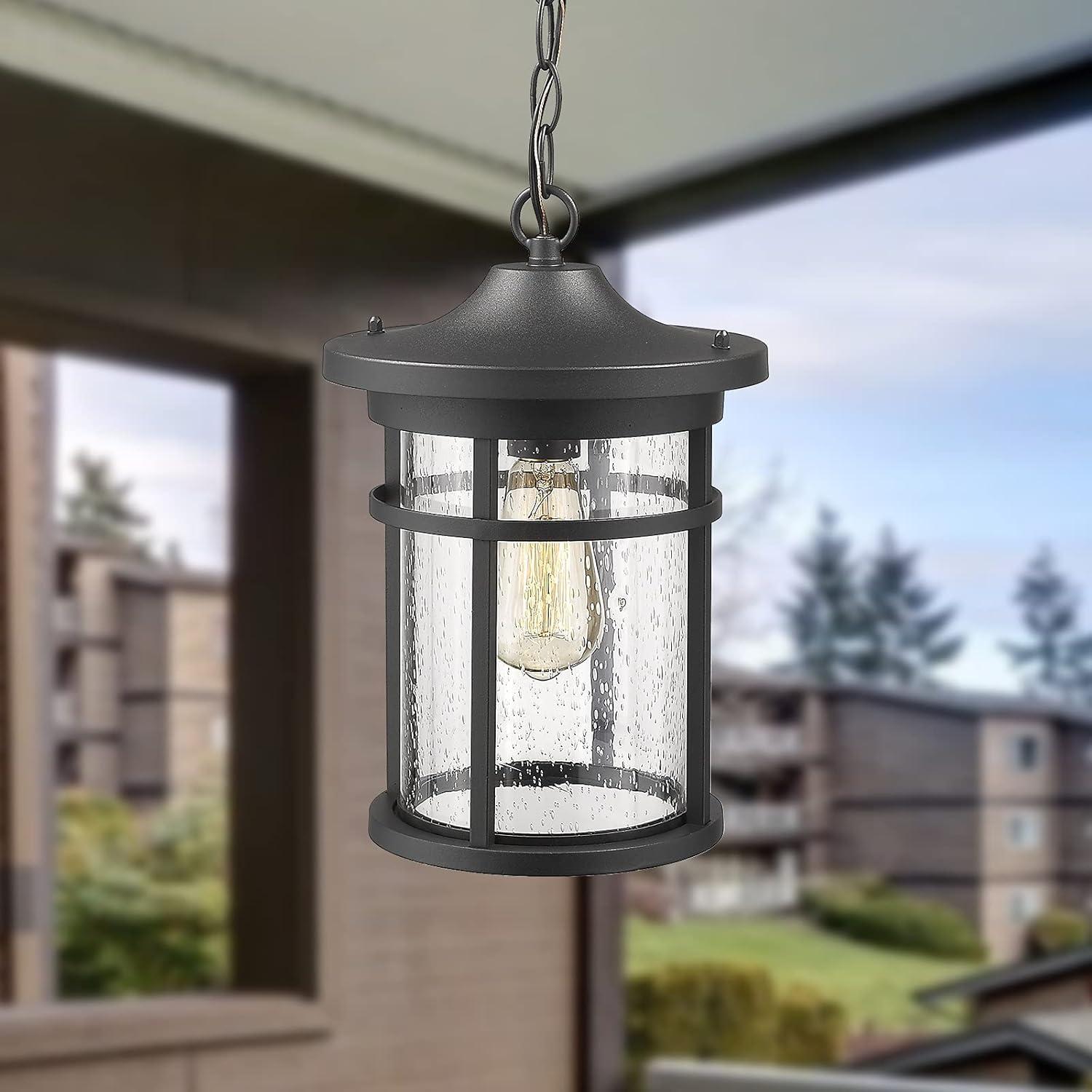 Black Seeded Glass Outdoor Hanging Lantern Light