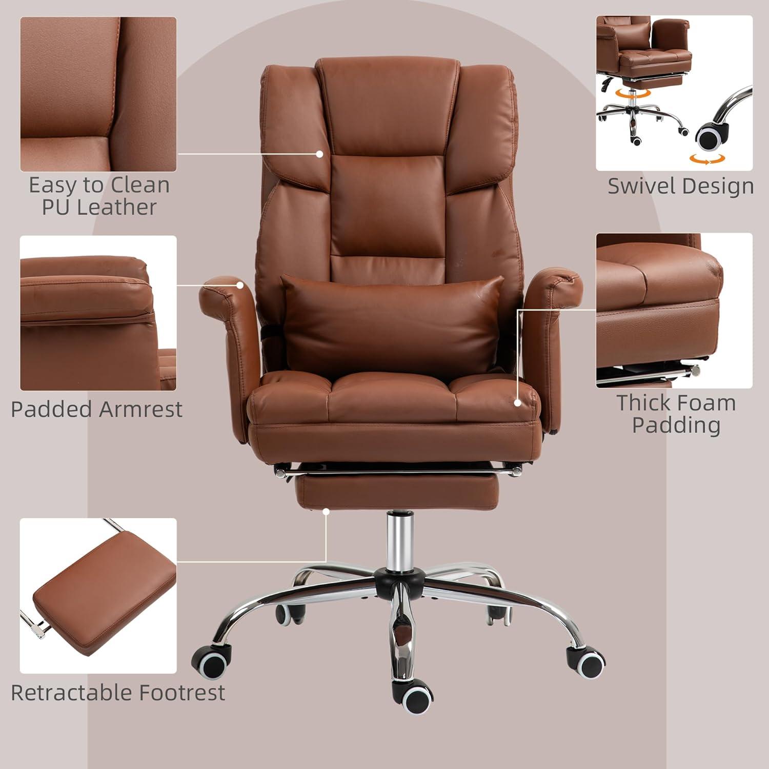 HOMCOM Executive Office Chair with Footrest and Lumbar Support, PU Leather Office Desk Chair, Ergonomic, Reclining and Swivel Chair, Brown