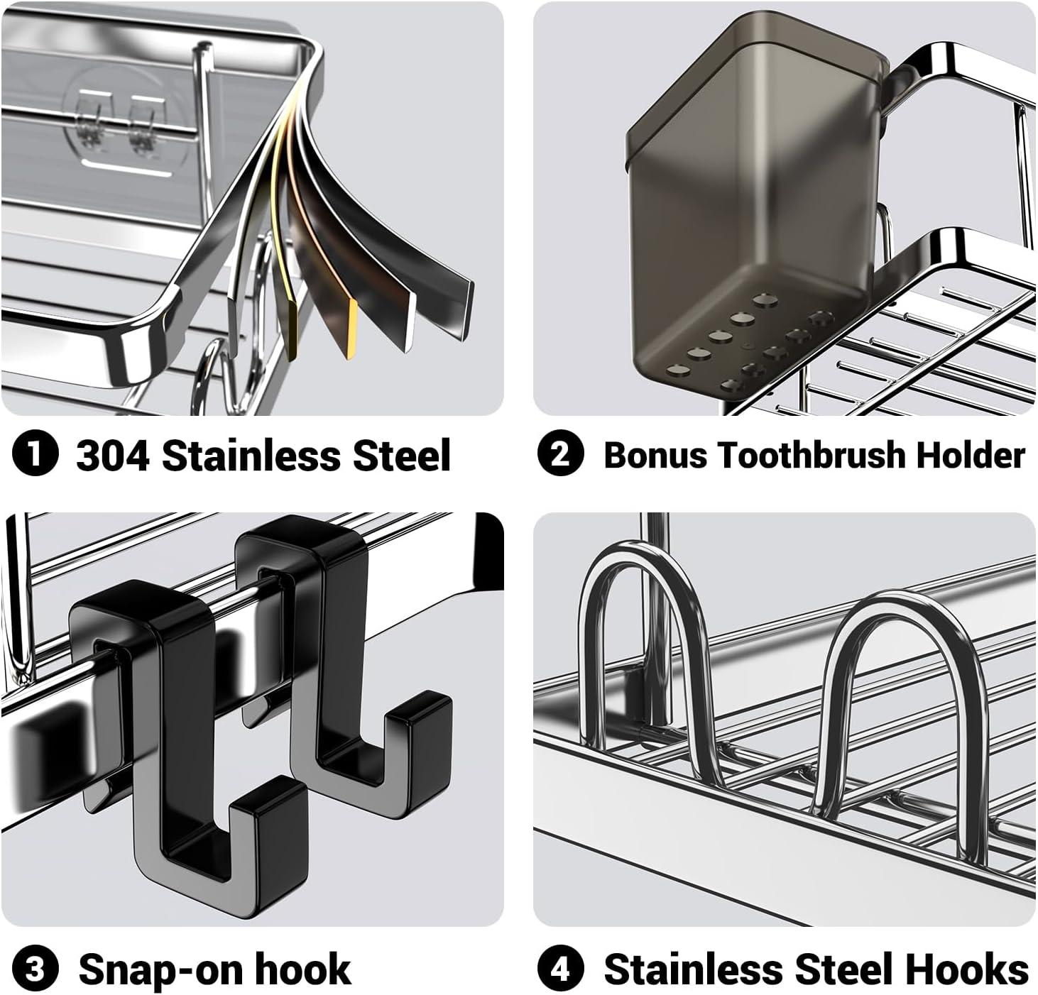 Corner Shower Caddy 2 Pack Organizer Shelves No Drilling Stainless Steel with Hooks&Toothpaste Holder