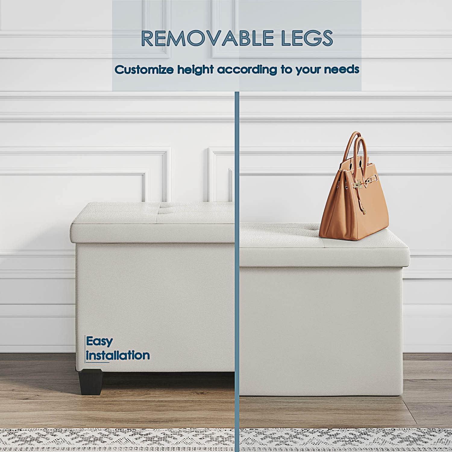 Storage Ottoman Bench with Storage Bins, 30-In Storage Bench for Bedroom End of Bed, Folding Foot Rest Ottoman with Storage for Living Room, Storage Chest Max 660lbs, Faux Leather Ottoman, White