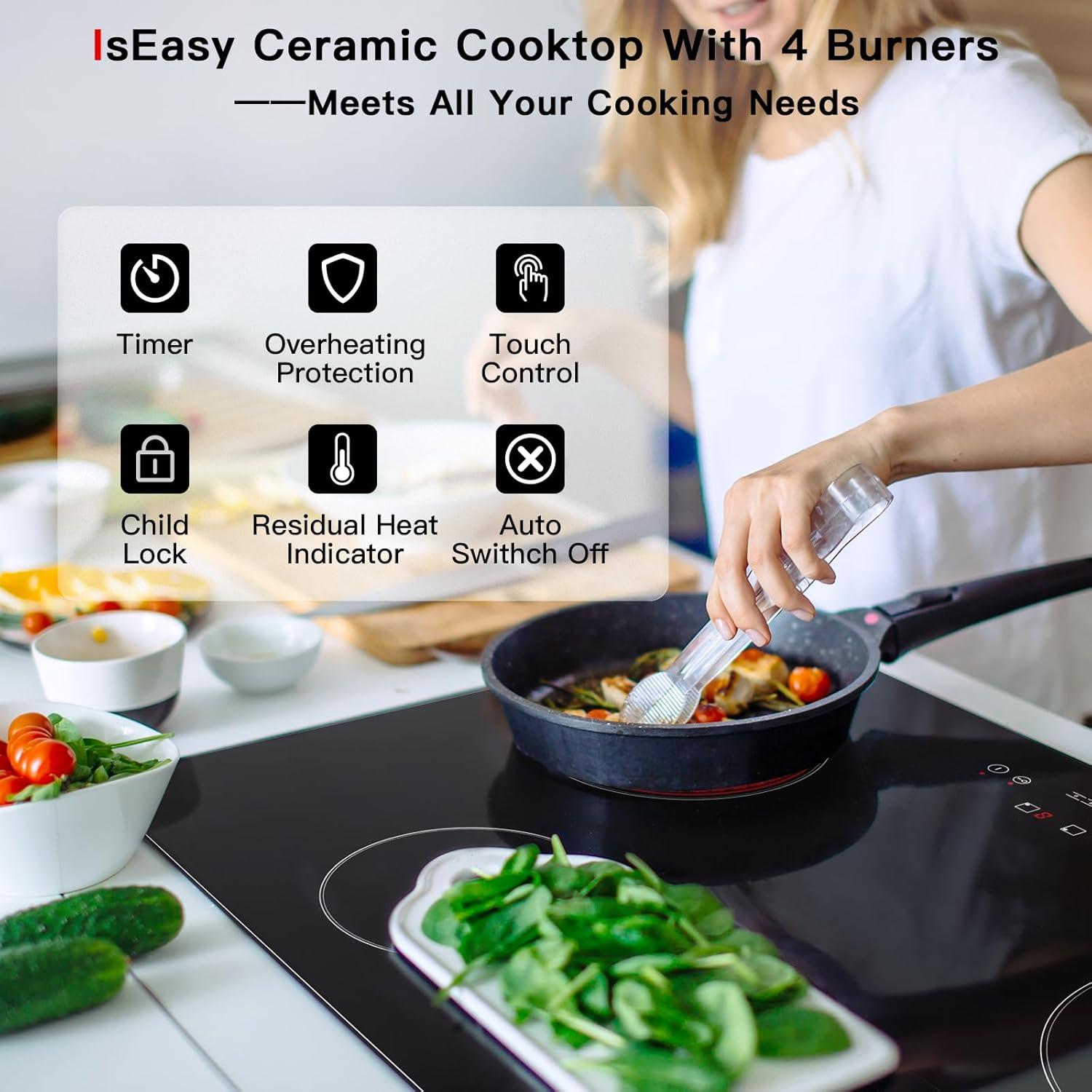 IsEasy 4 Burner Electric Cooktop 30 Inch Built-In Ceramic Cooktop Top, Electric Radiant Cooktop with Pause Function, Electric Stove Top, 220-240V 7200W, 9 Power Levels, Flexible Heating Zones