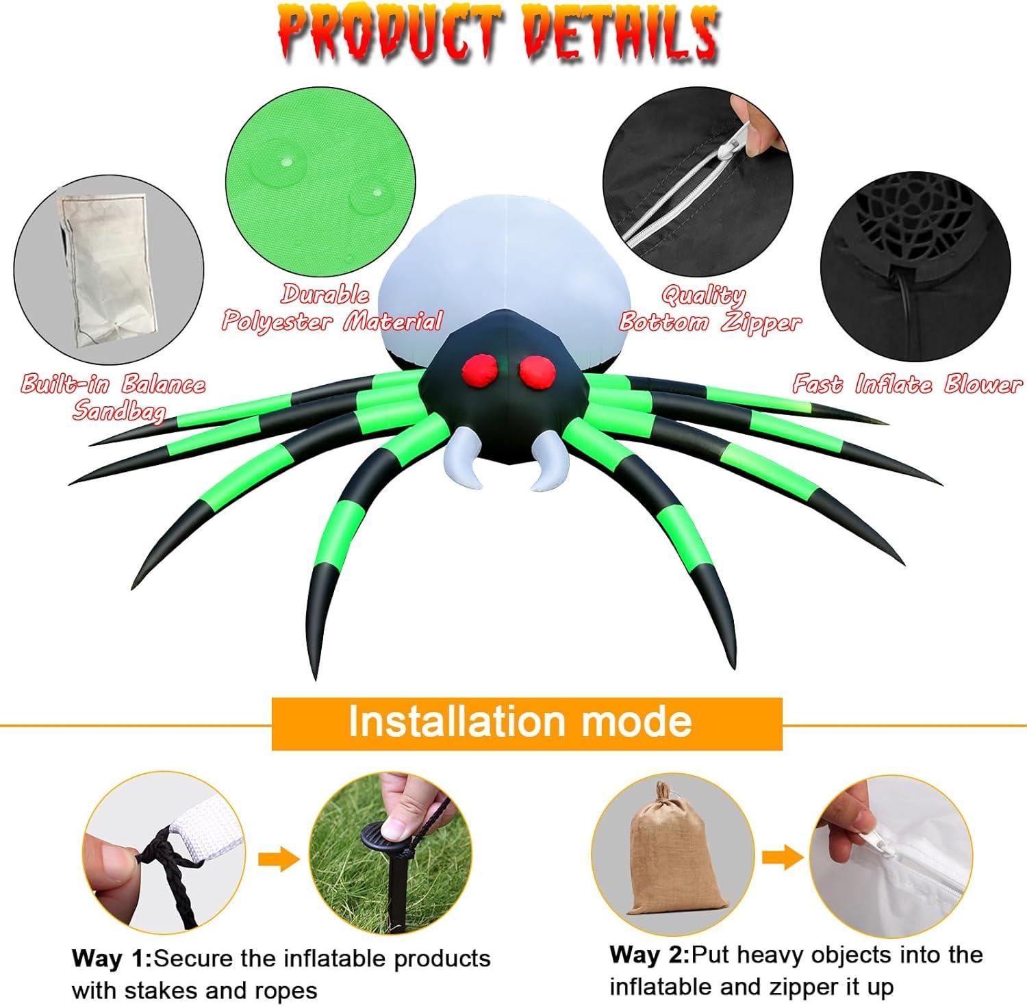 12FT Green and Black Inflatable Halloween Spider with LED Lights