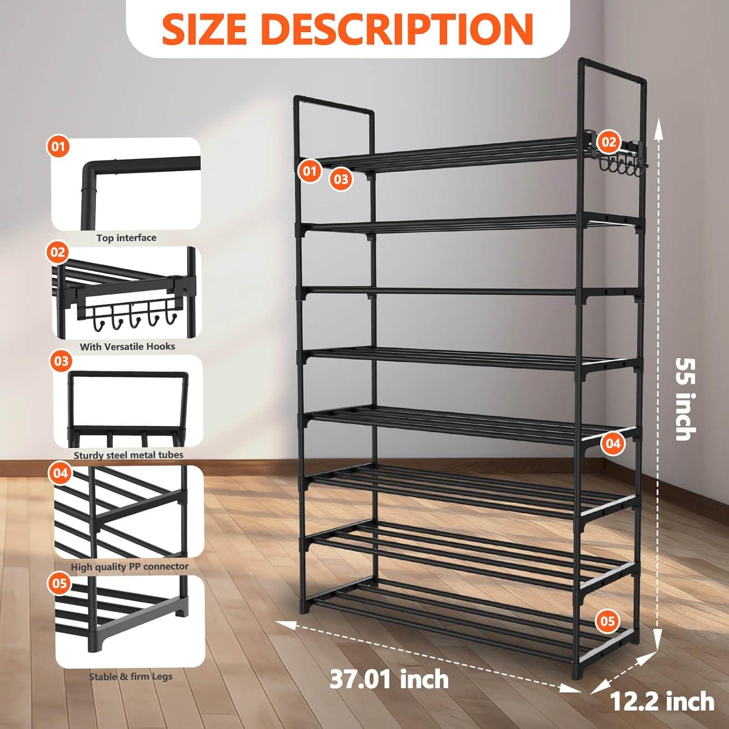 8-Tier Black Metal Stackable Shoe Rack with Hooks