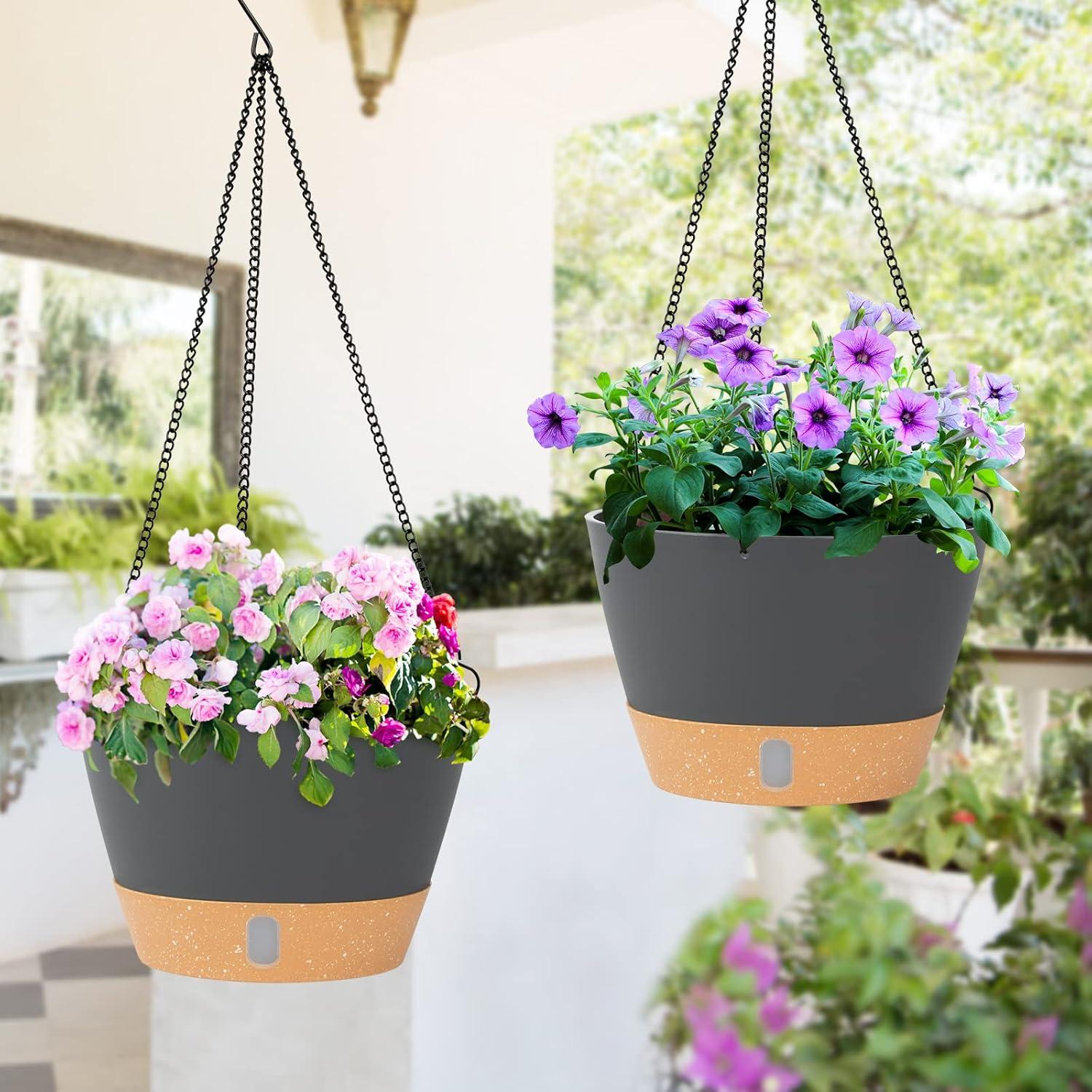 Dark Gray and Beige Plastic Hanging Planter with Reservoir Tray, 8-inch, 2-Pack