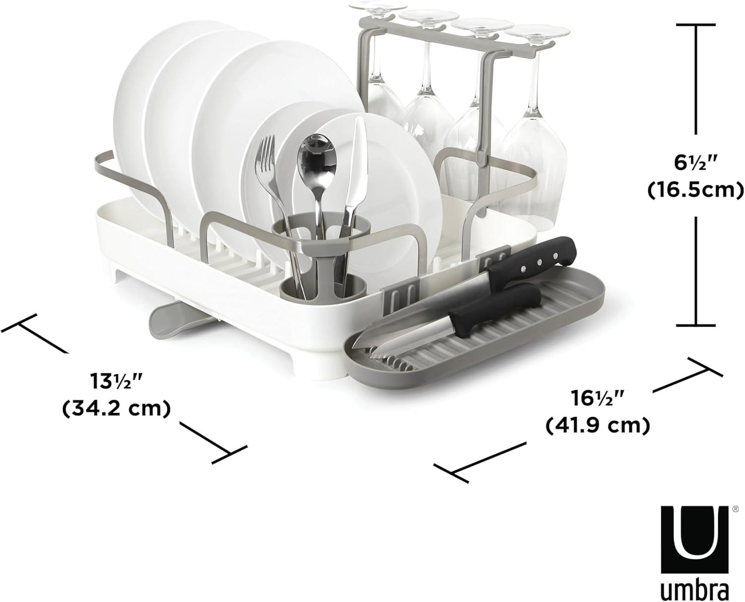 White Plastic Dish Rack with Utensil Cup and Stemware Holder